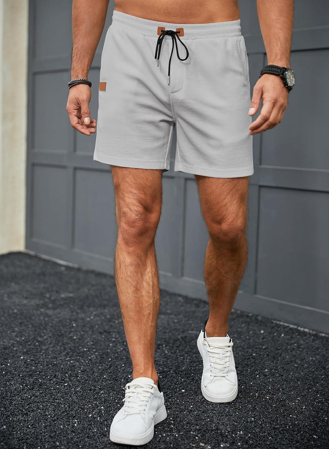 imageJMIERR Mens Casual 5quot 7quot Shorts Waffle Elastic Waist Drawstring Workout Running Jogging Beach Sweat Shorts with PocketsGrey White