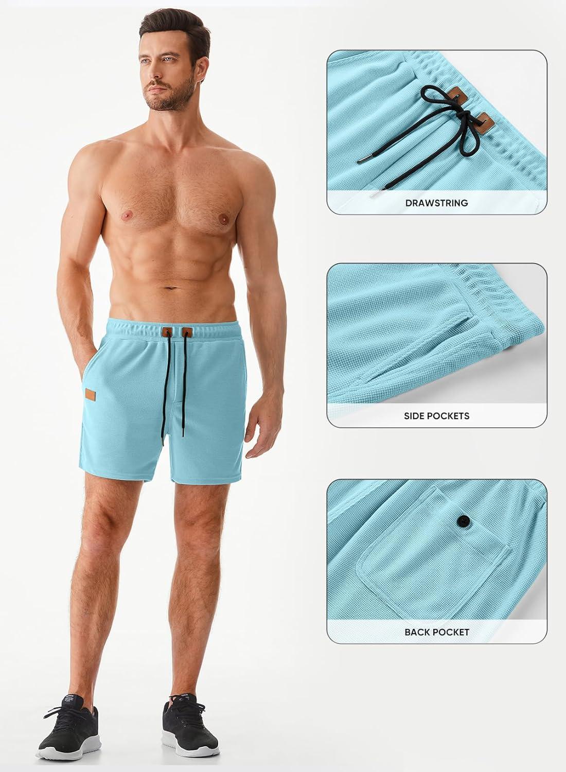imageJMIERR Mens Casual 5quot 7quot Shorts Waffle Elastic Waist Drawstring Workout Running Jogging Beach Sweat Shorts with PocketsMist Blue