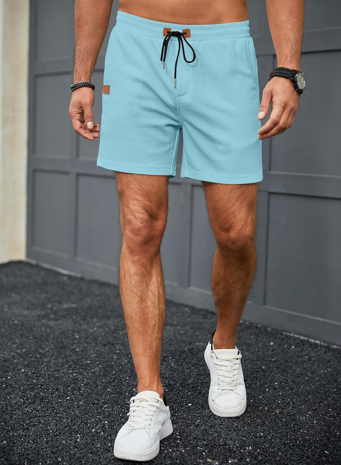 imageJMIERR Mens Casual 5quot 7quot Shorts Waffle Elastic Waist Drawstring Workout Running Jogging Beach Sweat Shorts with PocketsMist Blue