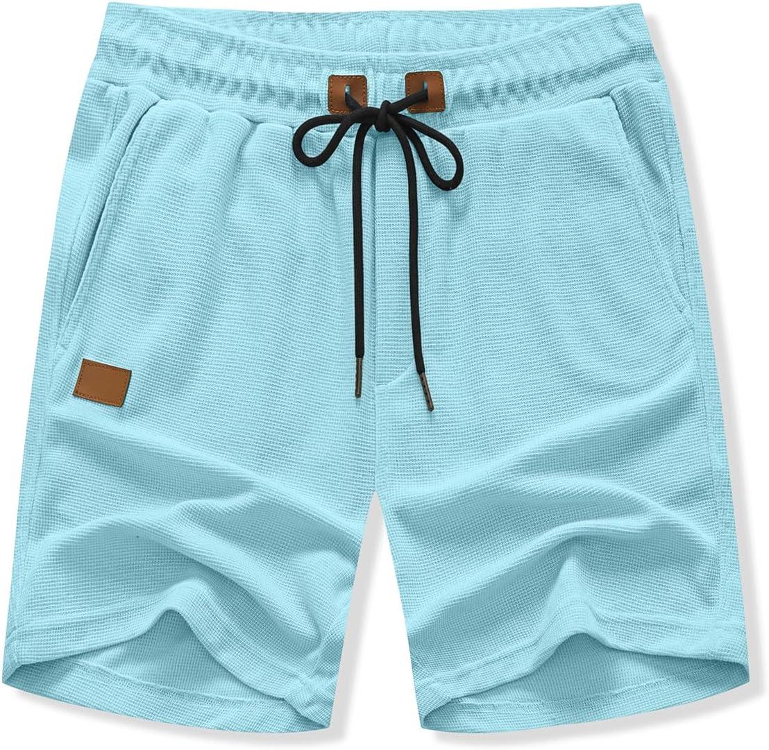imageJMIERR Mens Casual 5quot 7quot Shorts Waffle Elastic Waist Drawstring Workout Running Jogging Beach Sweat Shorts with PocketsMist Blue