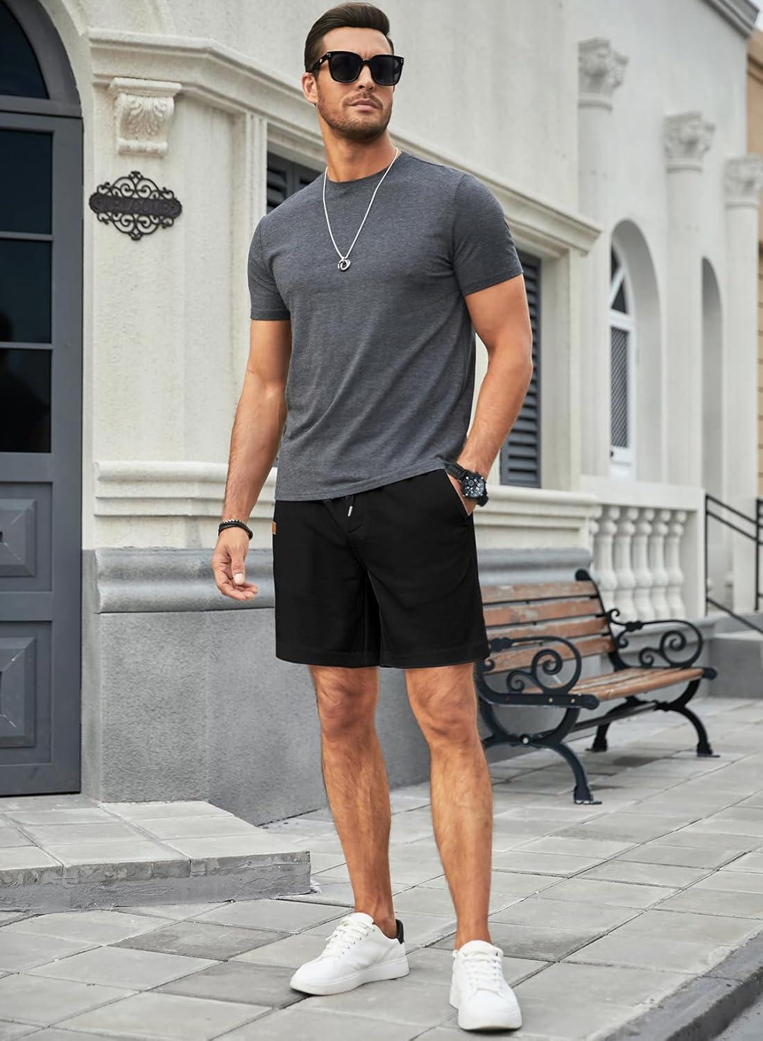 imageJMIERR Mens Casual 5quot 7quot Shorts Waffle Elastic Waist Drawstring Workout Running Jogging Beach Sweat Shorts with PocketsP Black