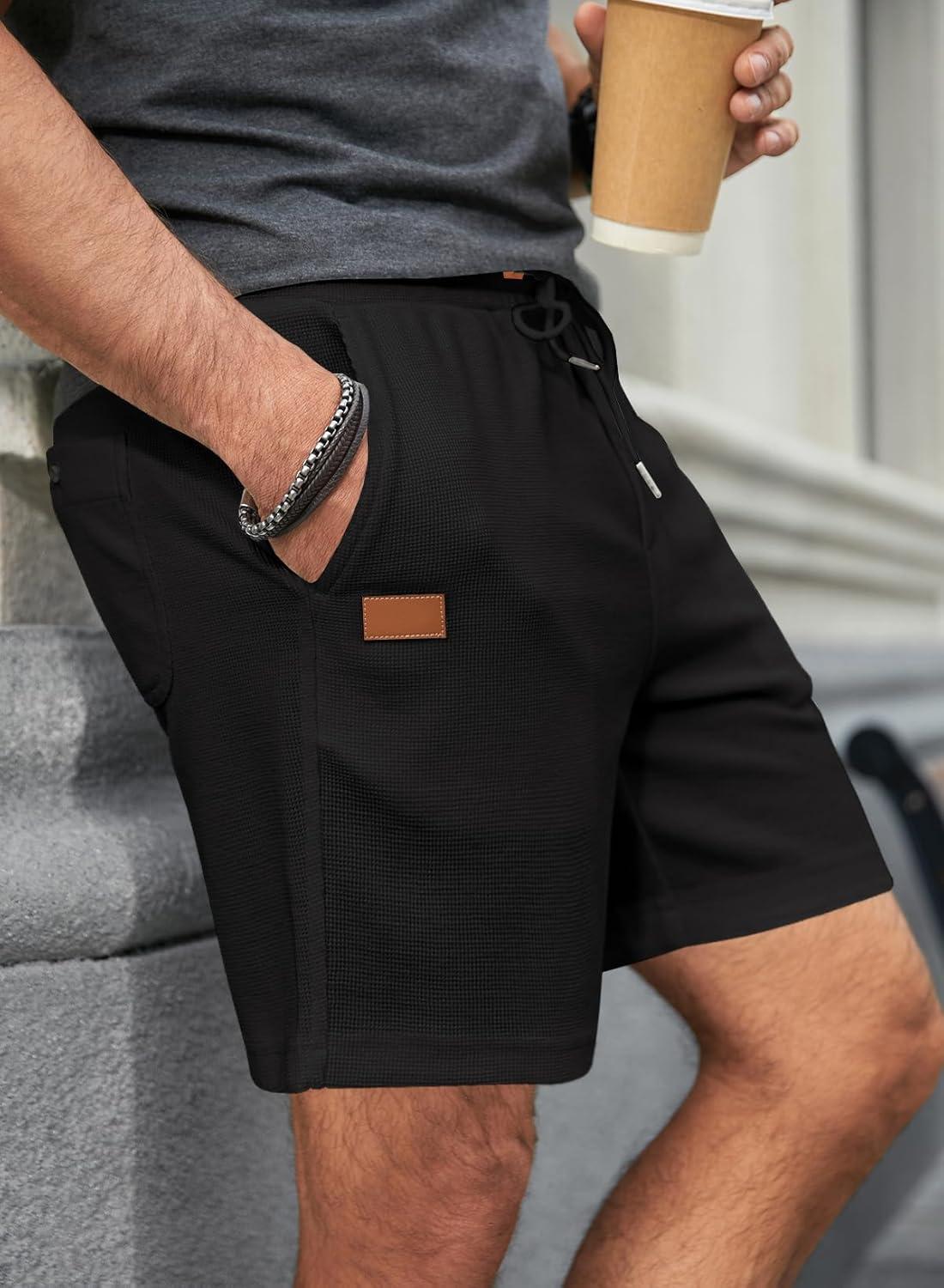 imageJMIERR Mens Casual 5quot 7quot Shorts Waffle Elastic Waist Drawstring Workout Running Jogging Beach Sweat Shorts with PocketsP Black