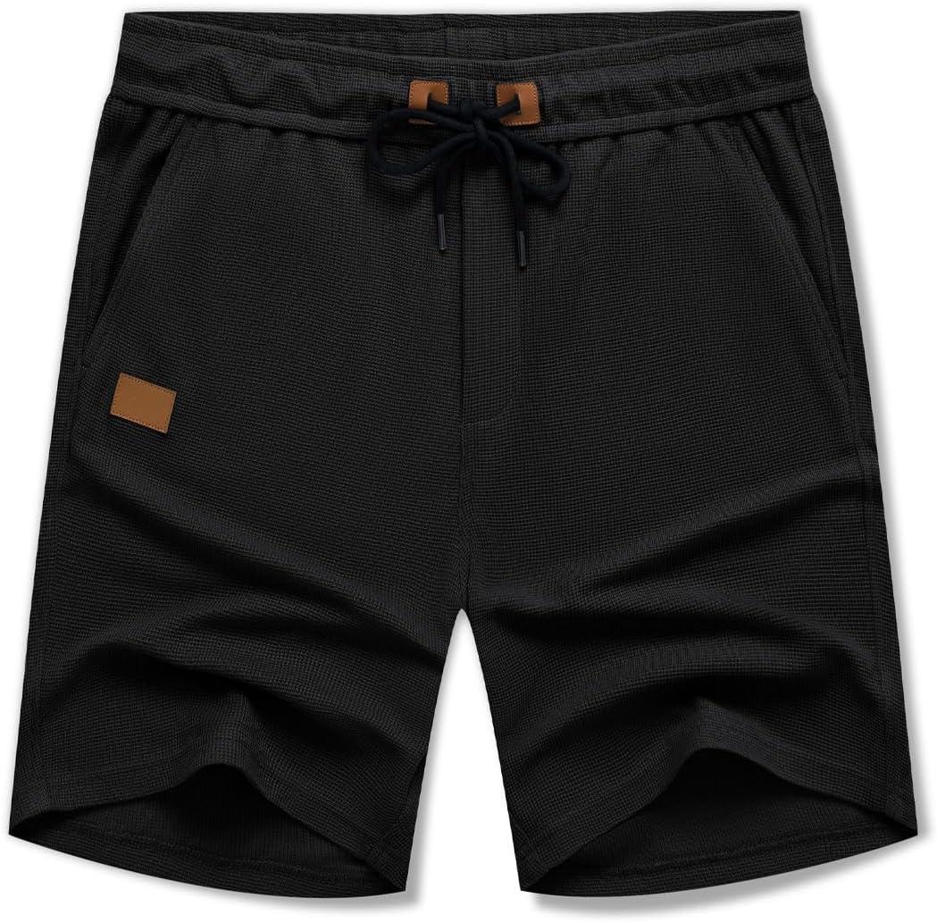 imageJMIERR Mens Casual 5quot 7quot Shorts Waffle Elastic Waist Drawstring Workout Running Jogging Beach Sweat Shorts with PocketsP Black