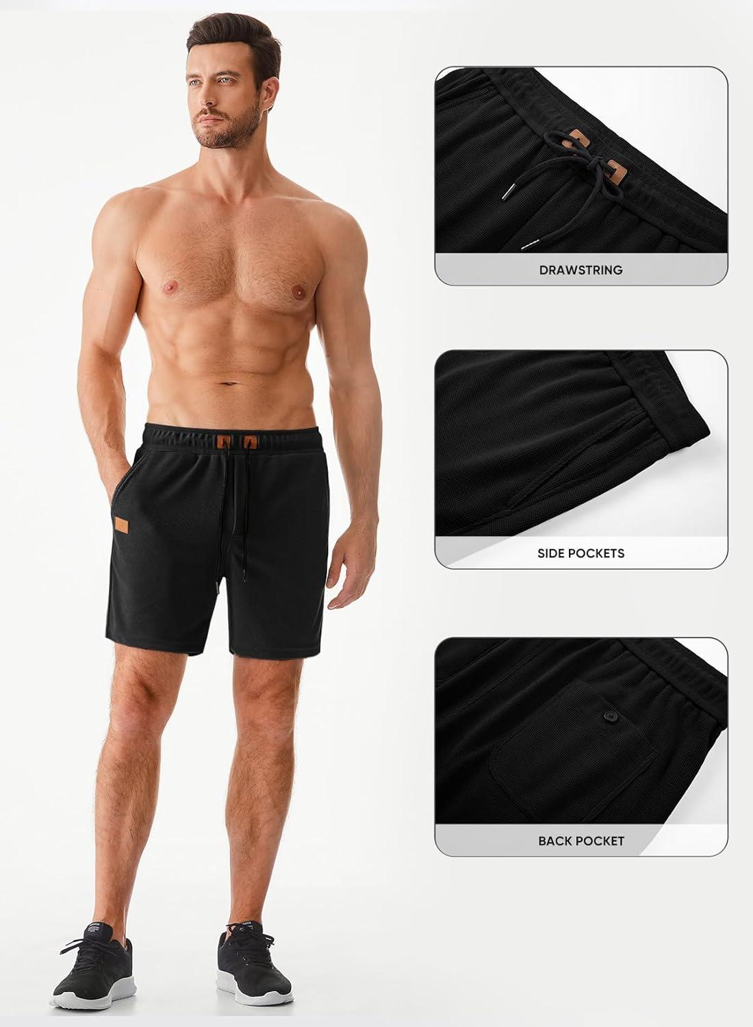 imageJMIERR Mens Casual 5quot 7quot Shorts Waffle Elastic Waist Drawstring Workout Running Jogging Beach Sweat Shorts with PocketsP Black