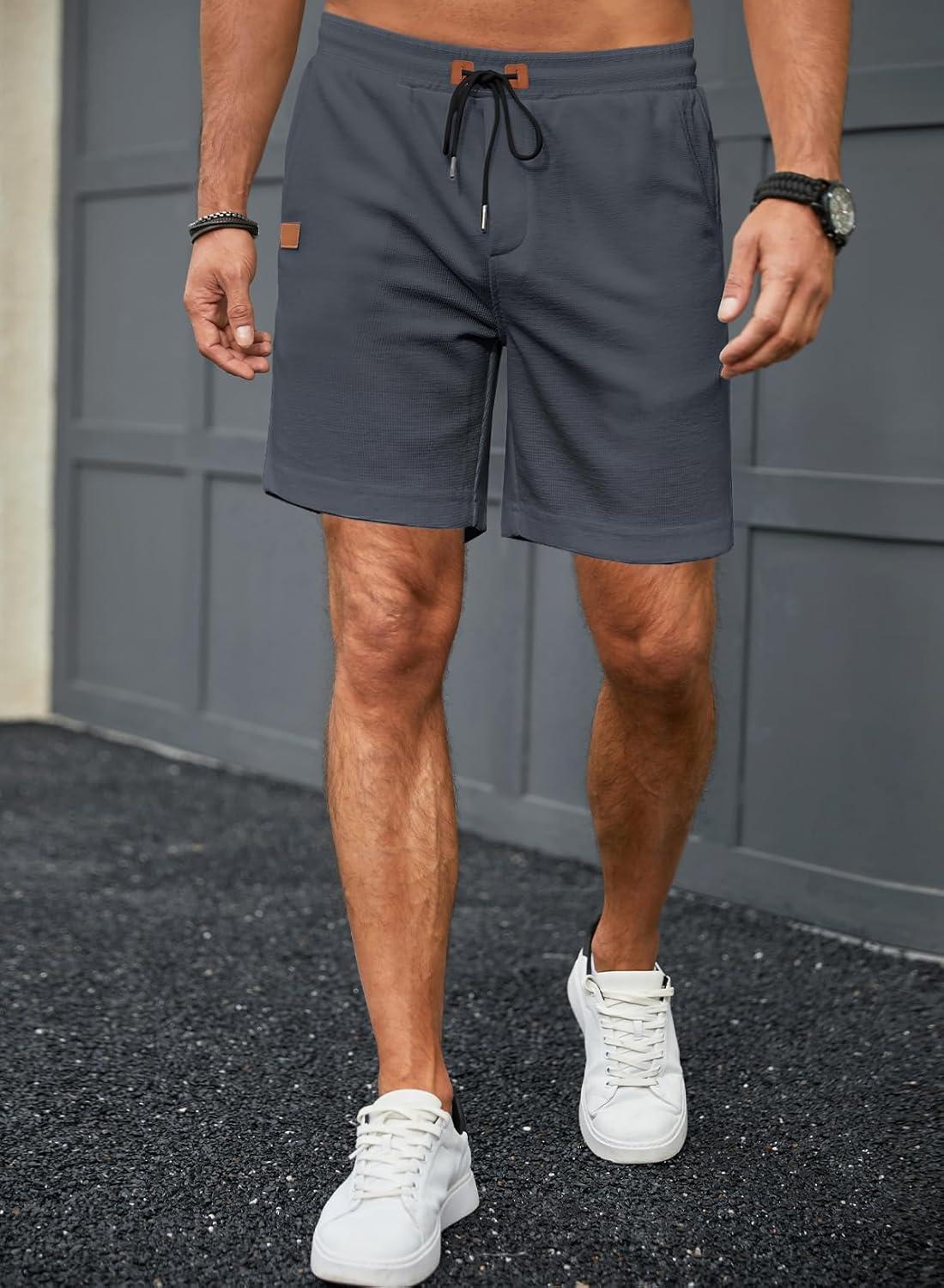 imageJMIERR Mens Casual 5quot 7quot Shorts Waffle Elastic Waist Drawstring Workout Running Jogging Beach Sweat Shorts with PocketsP Dark Grey