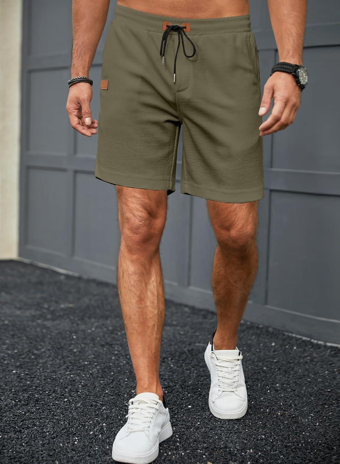 imageJMIERR Mens Casual 5quot 7quot Shorts Waffle Elastic Waist Drawstring Workout Running Jogging Beach Sweat Shorts with PocketsP Green