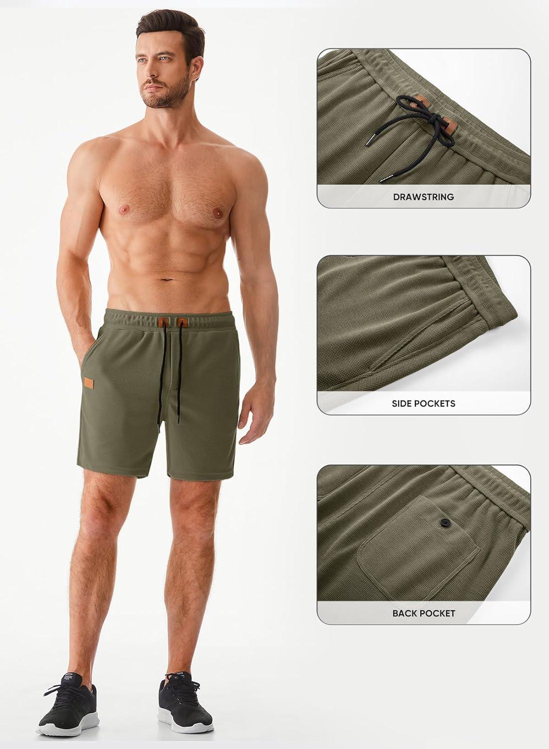imageJMIERR Mens Casual 5quot 7quot Shorts Waffle Elastic Waist Drawstring Workout Running Jogging Beach Sweat Shorts with PocketsP Green