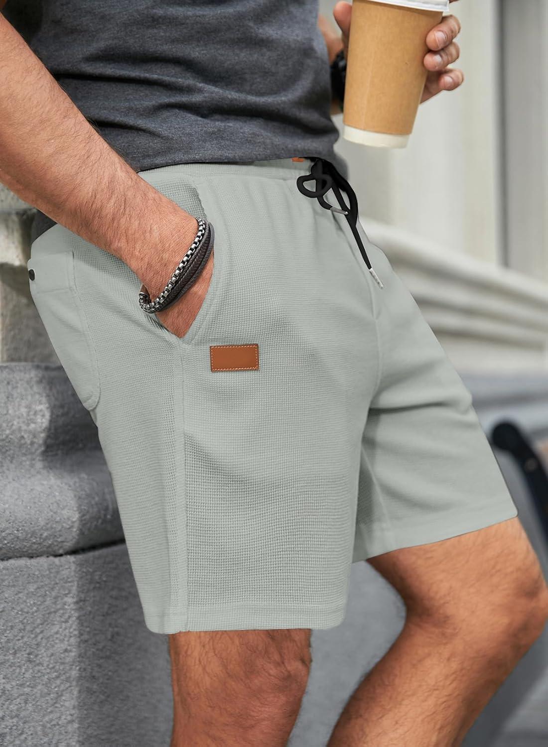 imageJMIERR Mens Casual 5quot 7quot Shorts Waffle Elastic Waist Drawstring Workout Running Jogging Beach Sweat Shorts with PocketsP Light Grey