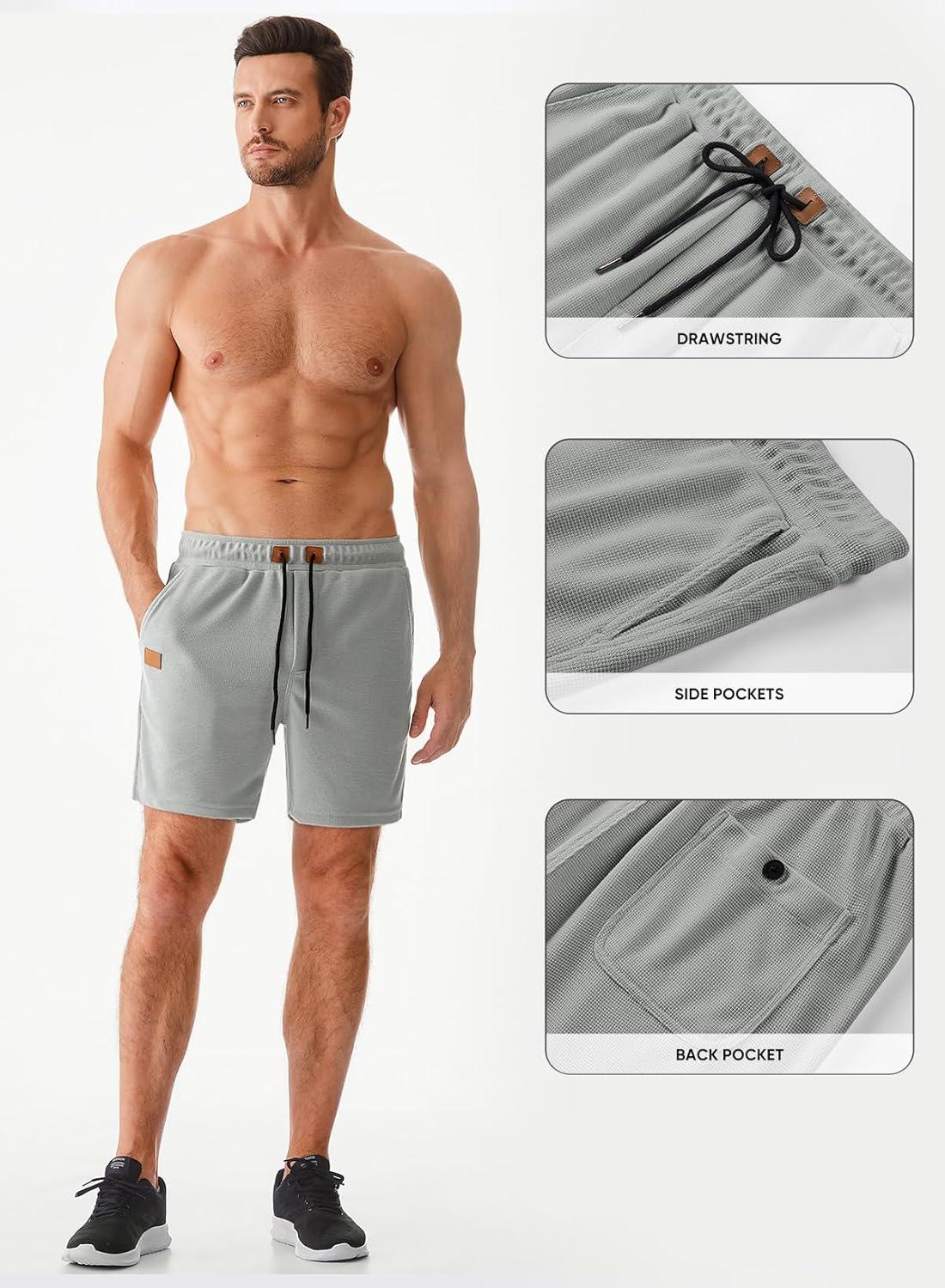 imageJMIERR Mens Casual 5quot 7quot Shorts Waffle Elastic Waist Drawstring Workout Running Jogging Beach Sweat Shorts with PocketsP Light Grey