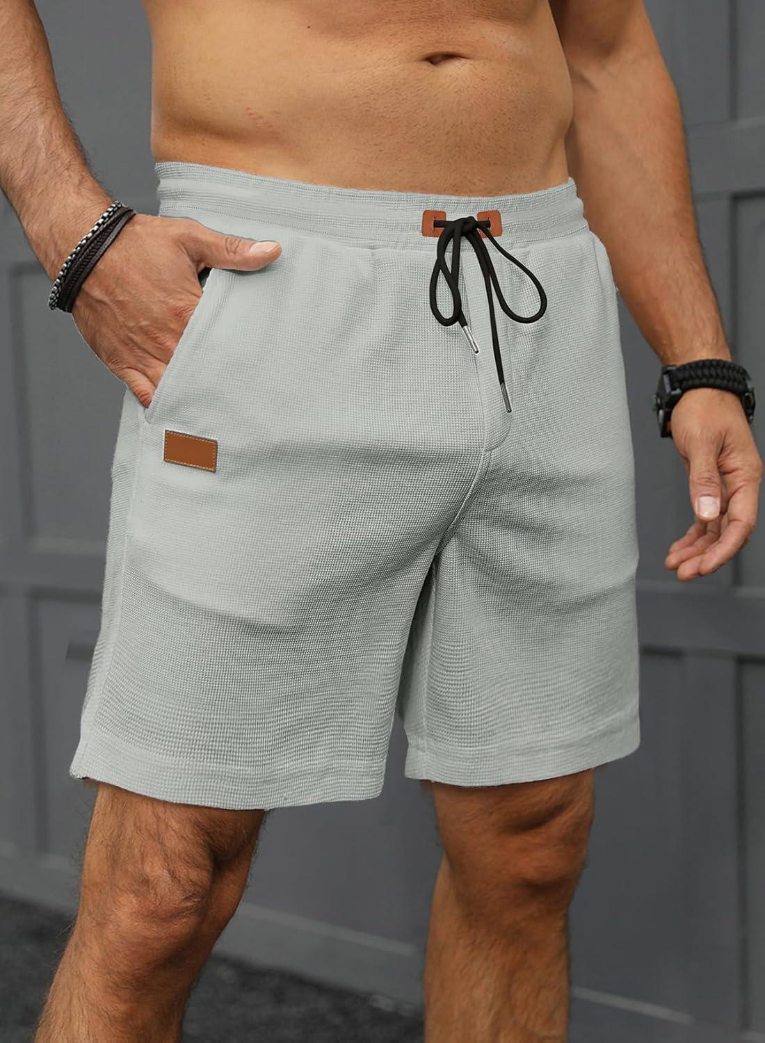 imageJMIERR Mens Casual 5quot 7quot Shorts Waffle Elastic Waist Drawstring Workout Running Jogging Beach Sweat Shorts with PocketsP Light Grey
