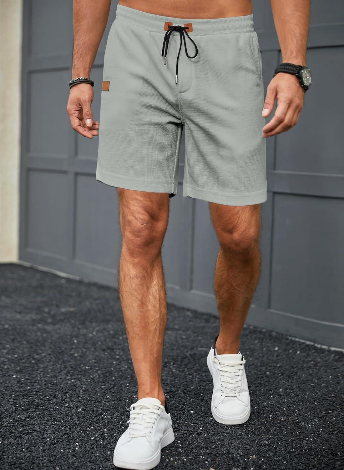 imageJMIERR Mens Casual 5quot 7quot Shorts Waffle Elastic Waist Drawstring Workout Running Jogging Beach Sweat Shorts with PocketsP Light Grey
