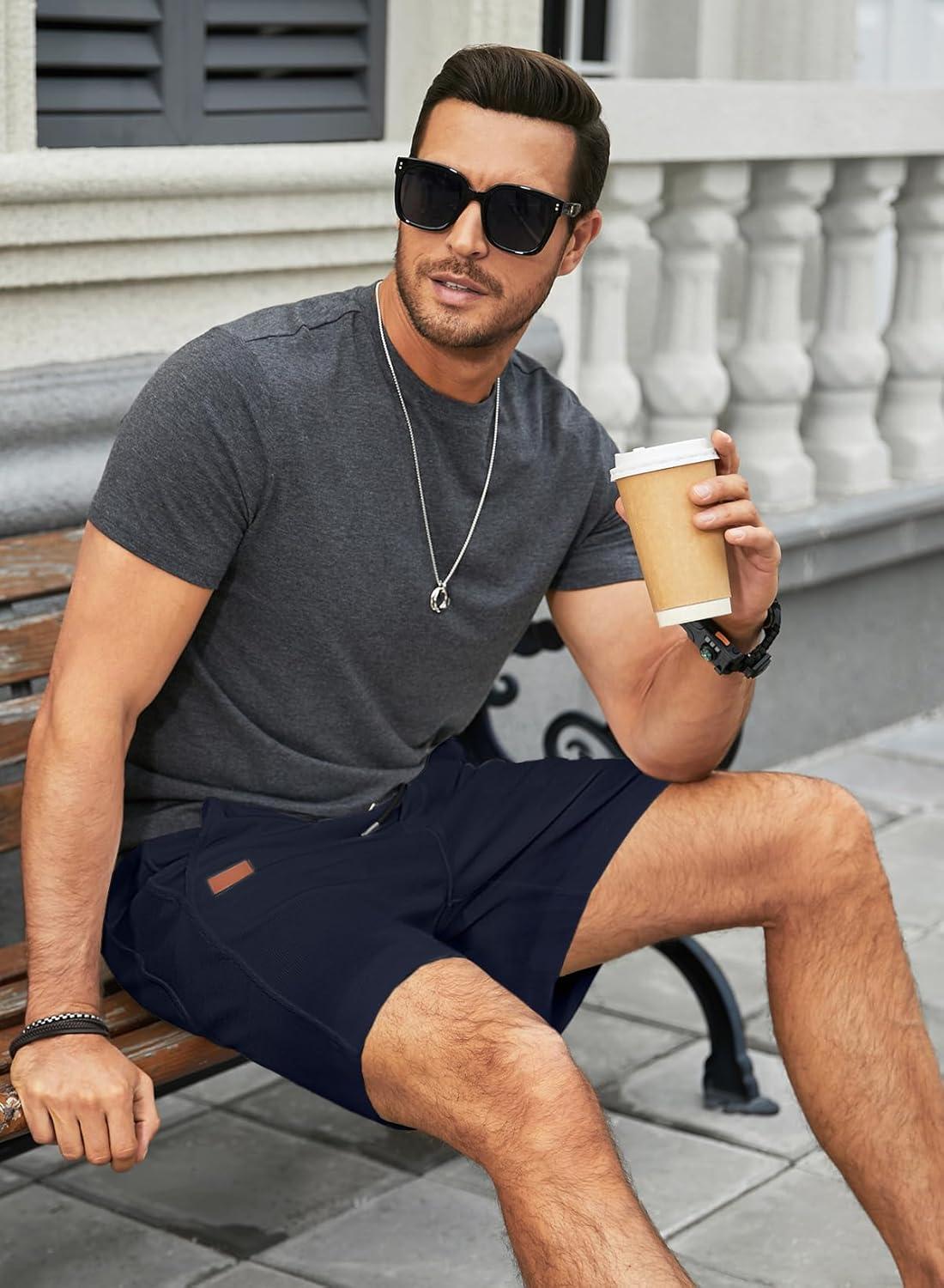 imageJMIERR Mens Casual 5quot 7quot Shorts Waffle Elastic Waist Drawstring Workout Running Jogging Beach Sweat Shorts with PocketsP Navy Blue