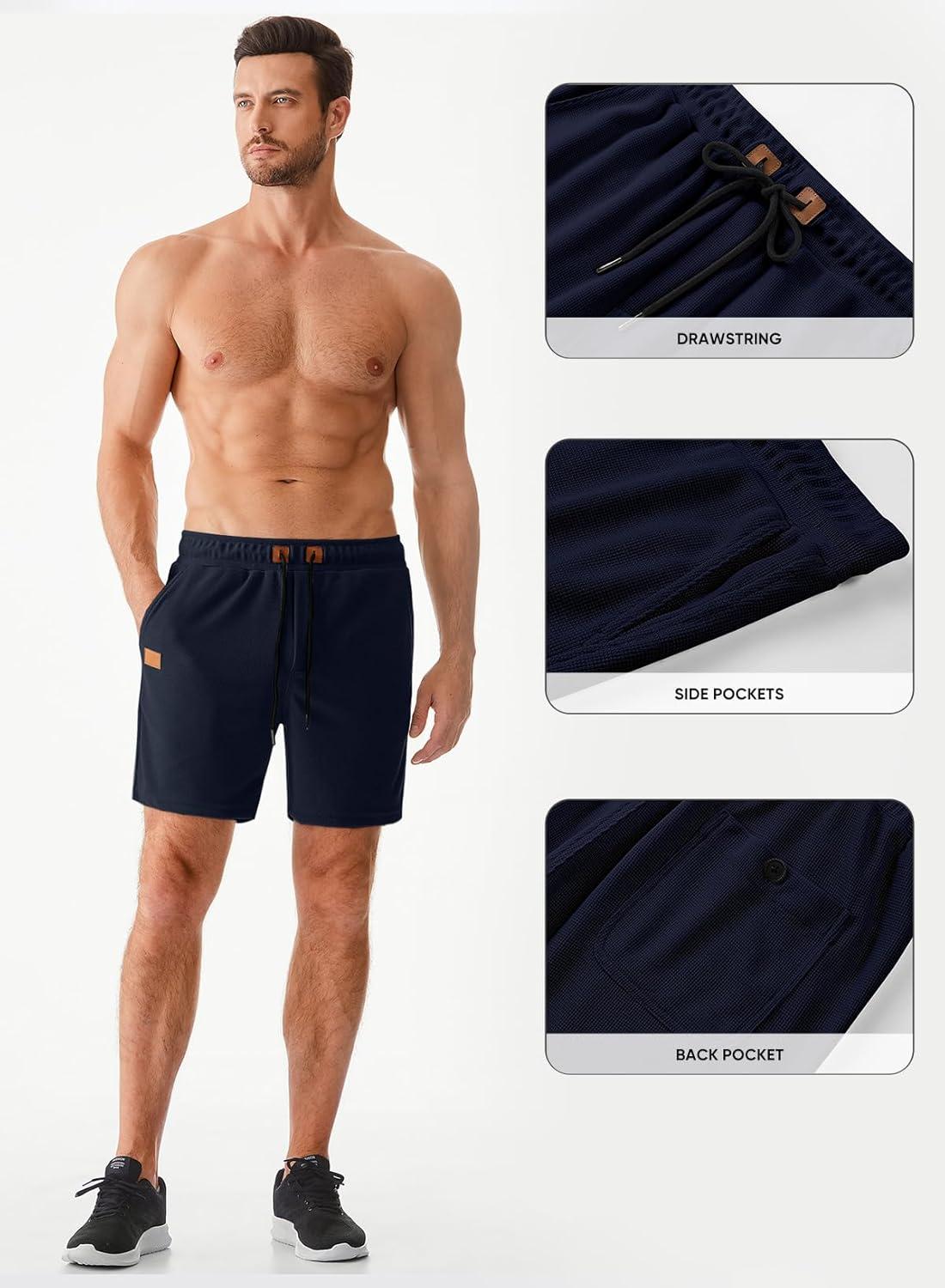 imageJMIERR Mens Casual 5quot 7quot Shorts Waffle Elastic Waist Drawstring Workout Running Jogging Beach Sweat Shorts with PocketsP Navy Blue