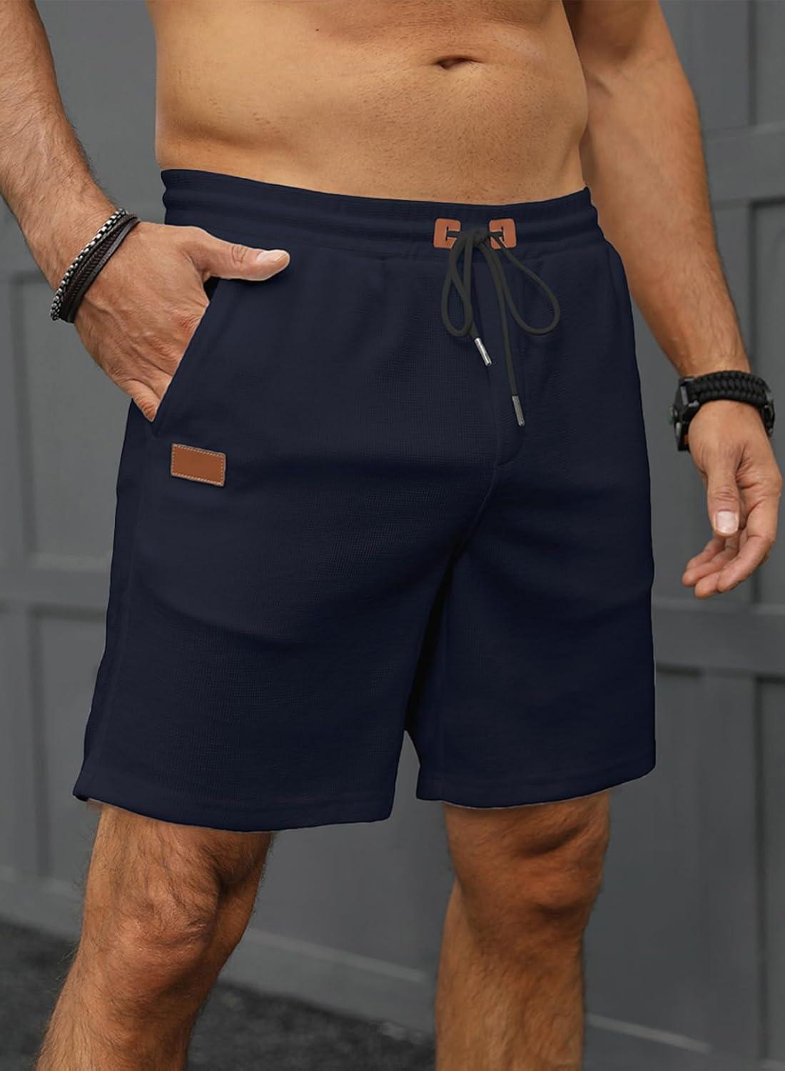 imageJMIERR Mens Casual 5quot 7quot Shorts Waffle Elastic Waist Drawstring Workout Running Jogging Beach Sweat Shorts with PocketsP Navy Blue