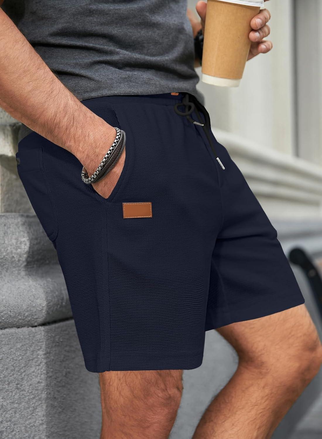imageJMIERR Mens Casual 5quot 7quot Shorts Waffle Elastic Waist Drawstring Workout Running Jogging Beach Sweat Shorts with PocketsP Navy Blue