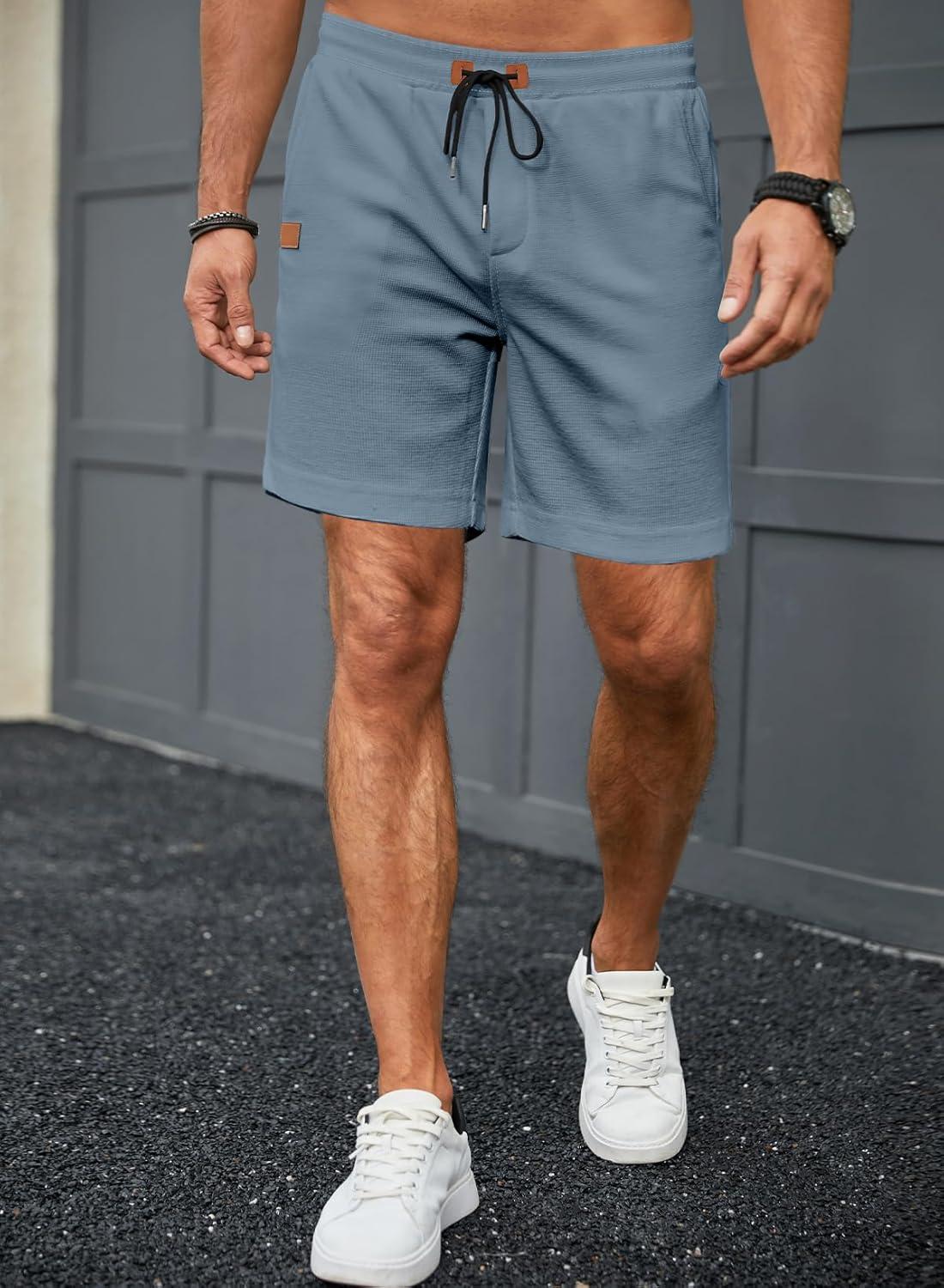 imageJMIERR Mens Casual 5quot 7quot Shorts Waffle Elastic Waist Drawstring Workout Running Jogging Beach Sweat Shorts with PocketsP Sky Blue