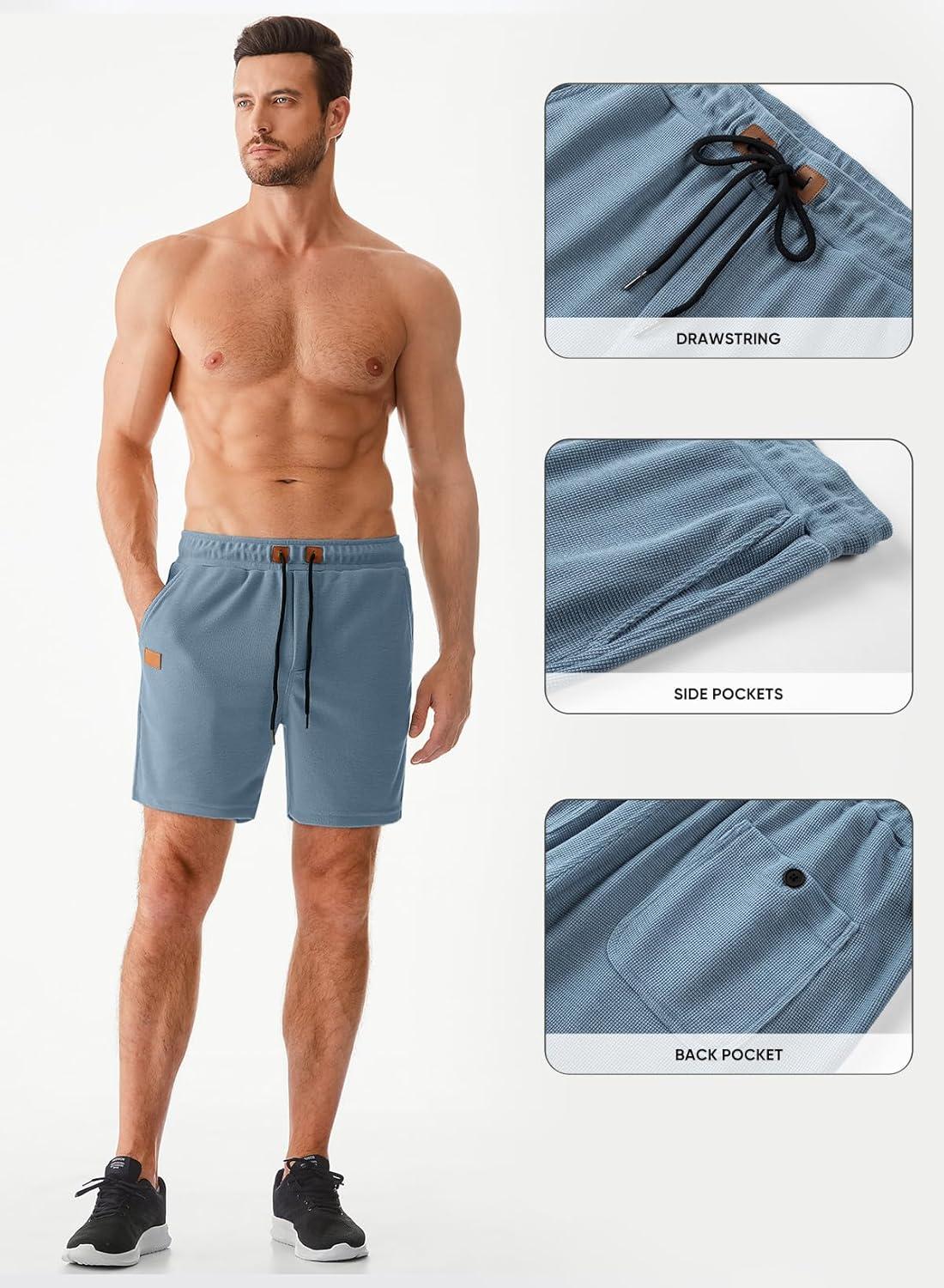 imageJMIERR Mens Casual 5quot 7quot Shorts Waffle Elastic Waist Drawstring Workout Running Jogging Beach Sweat Shorts with PocketsP Sky Blue