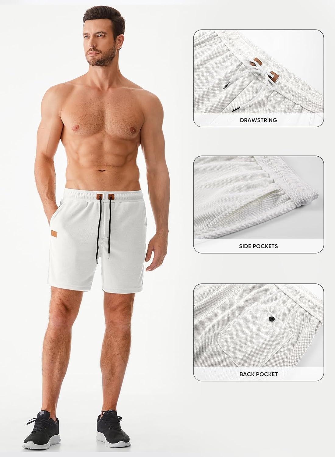 imageJMIERR Mens Casual 5quot 7quot Shorts Waffle Elastic Waist Drawstring Workout Running Jogging Beach Sweat Shorts with PocketsP White