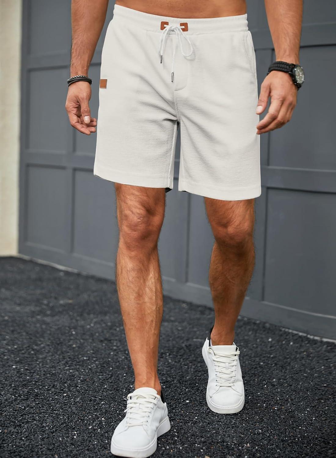 imageJMIERR Mens Casual 5quot 7quot Shorts Waffle Elastic Waist Drawstring Workout Running Jogging Beach Sweat Shorts with PocketsP White