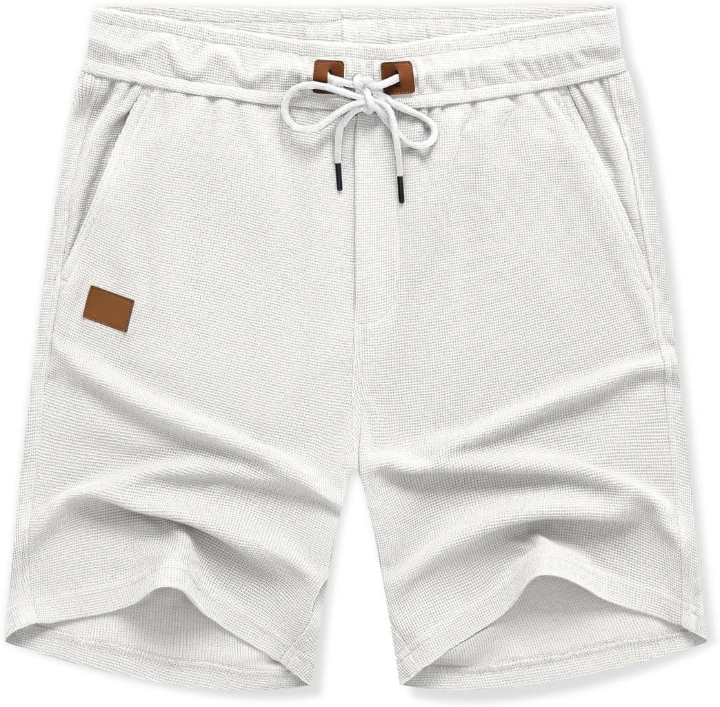 imageJMIERR Mens Casual 5quot 7quot Shorts Waffle Elastic Waist Drawstring Workout Running Jogging Beach Sweat Shorts with PocketsP White