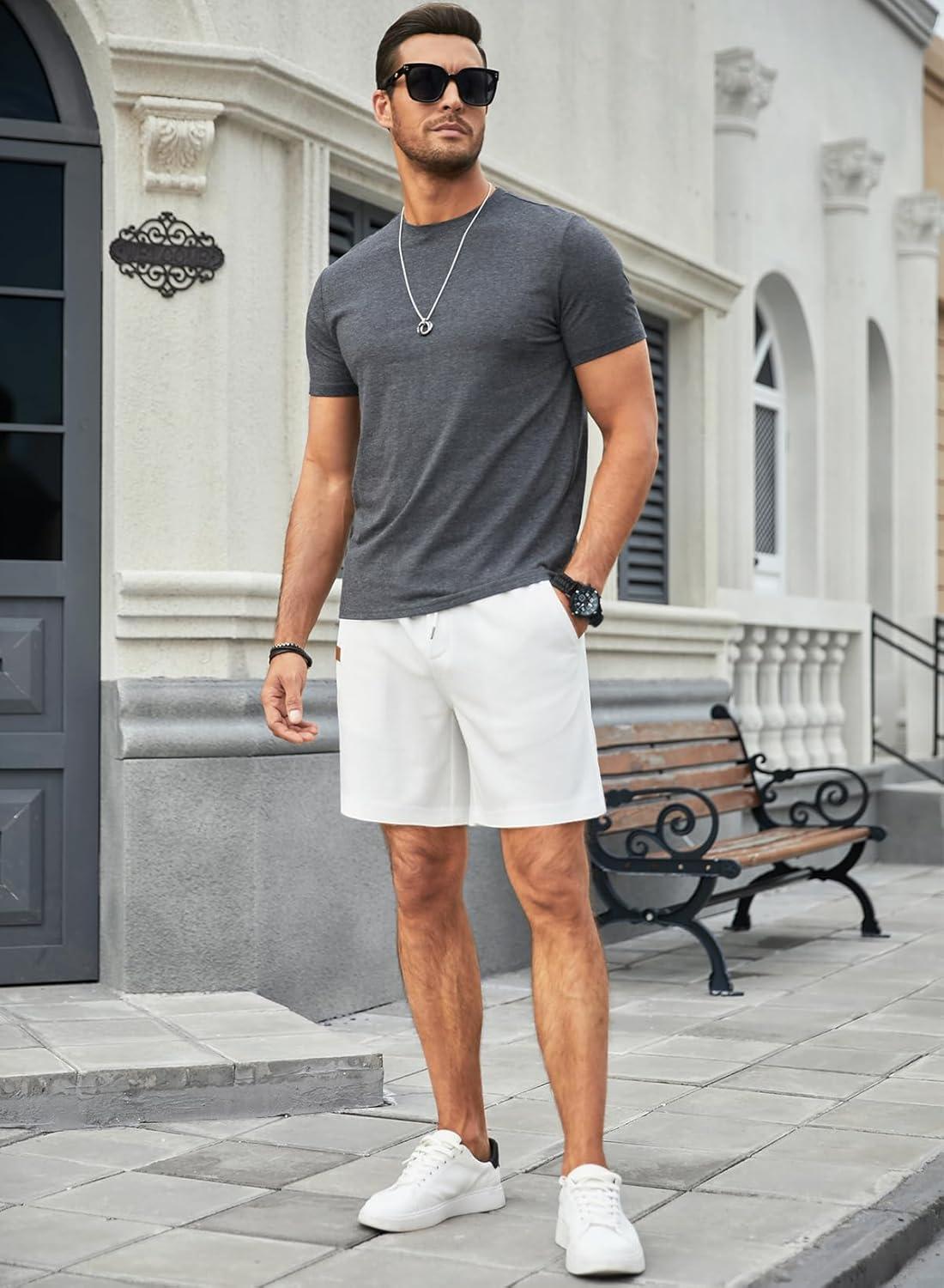 imageJMIERR Mens Casual 5quot 7quot Shorts Waffle Elastic Waist Drawstring Workout Running Jogging Beach Sweat Shorts with PocketsP White