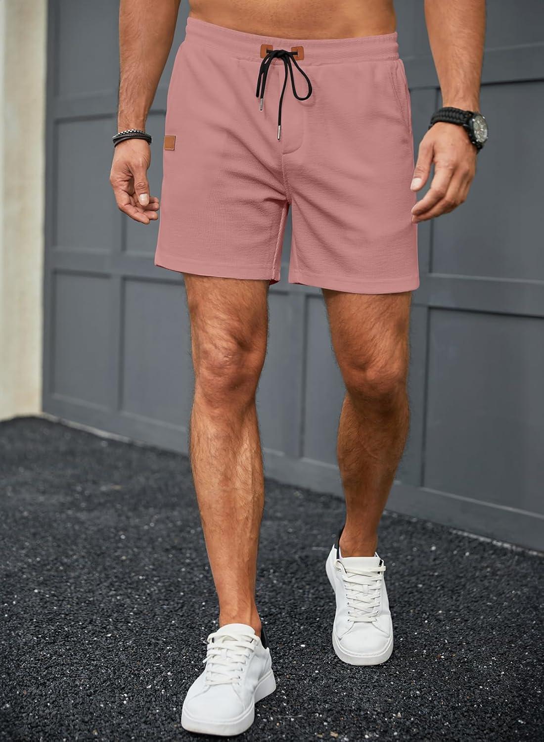 imageJMIERR Mens Casual 5quot 7quot Shorts Waffle Elastic Waist Drawstring Workout Running Jogging Beach Sweat Shorts with PocketsRose Pink
