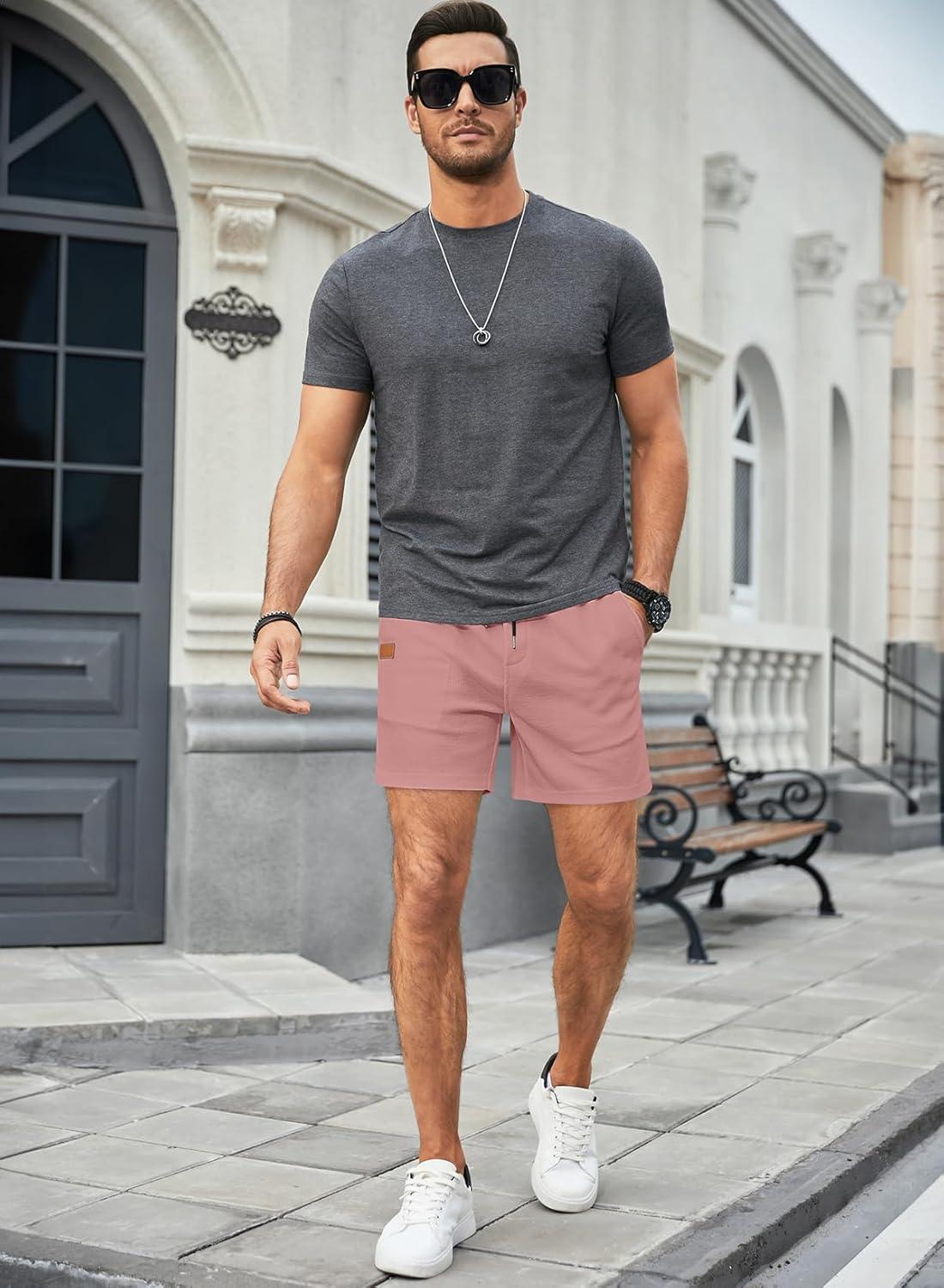 imageJMIERR Mens Casual 5quot 7quot Shorts Waffle Elastic Waist Drawstring Workout Running Jogging Beach Sweat Shorts with PocketsRose Pink
