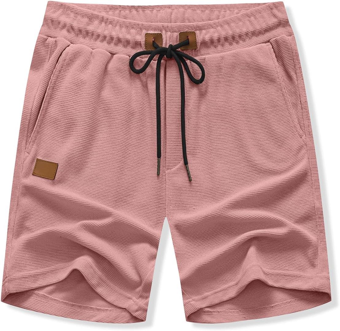 imageJMIERR Mens Casual 5quot 7quot Shorts Waffle Elastic Waist Drawstring Workout Running Jogging Beach Sweat Shorts with PocketsRose Pink