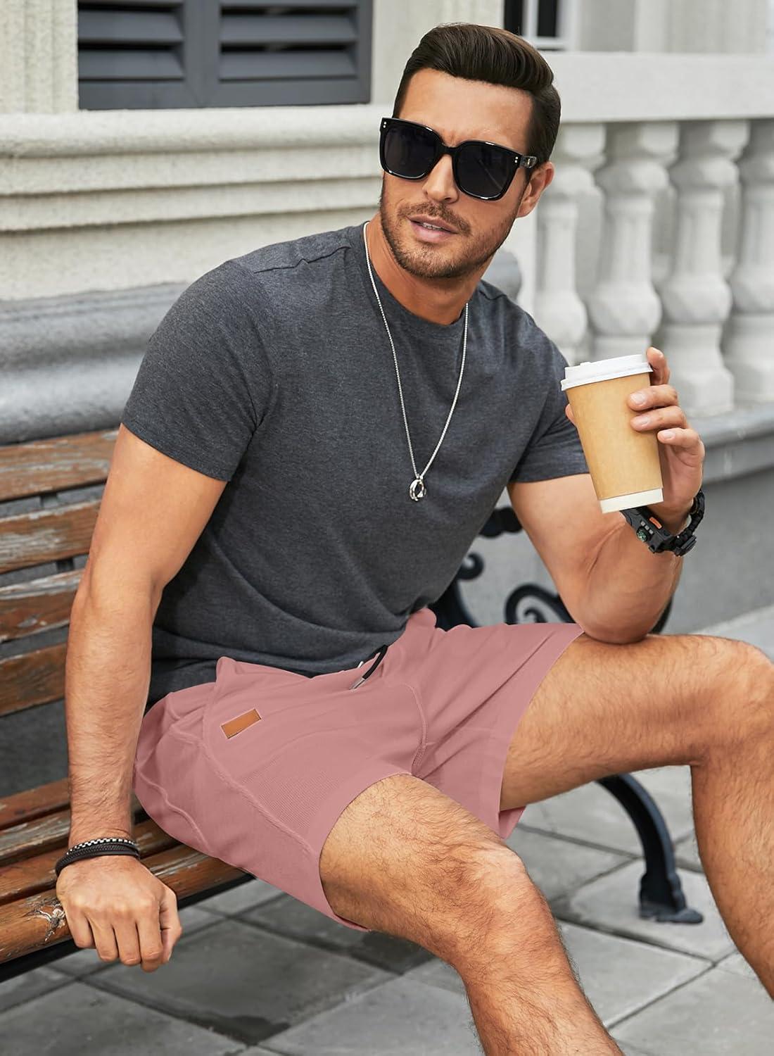 imageJMIERR Mens Casual 5quot 7quot Shorts Waffle Elastic Waist Drawstring Workout Running Jogging Beach Sweat Shorts with PocketsRose Pink