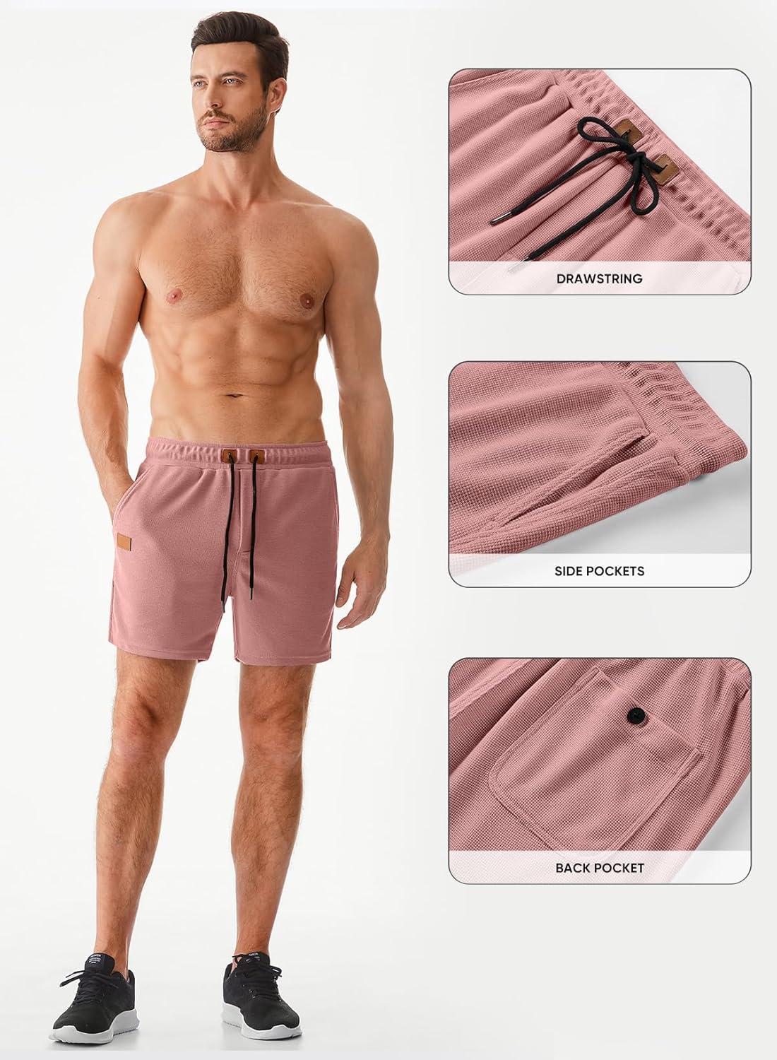 imageJMIERR Mens Casual 5quot 7quot Shorts Waffle Elastic Waist Drawstring Workout Running Jogging Beach Sweat Shorts with PocketsRose Pink