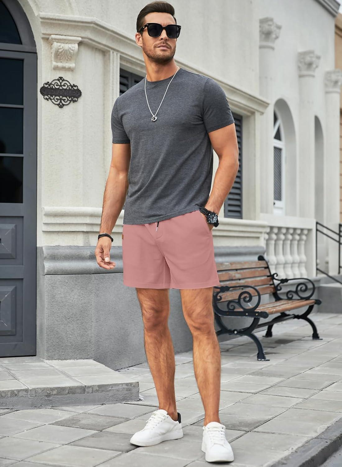 imageJMIERR Mens Casual 5quot 7quot Shorts Waffle Elastic Waist Drawstring Workout Running Jogging Beach Sweat Shorts with PocketsRose Pink