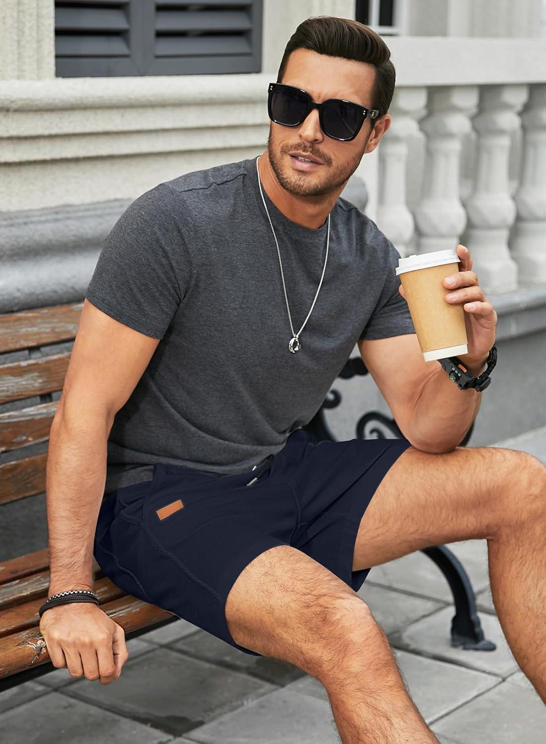 imageJMIERR Mens Casual 5quot 7quot Shorts Waffle Elastic Waist Drawstring Workout Running Jogging Beach Sweat Shorts with PocketsSail Blue