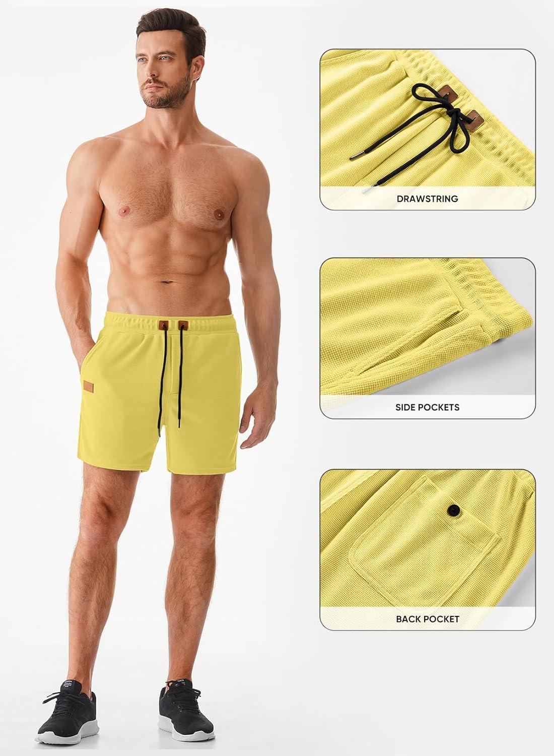 imageJMIERR Mens Casual 5quot 7quot Shorts Waffle Elastic Waist Drawstring Workout Running Jogging Beach Sweat Shorts with PocketsYellow