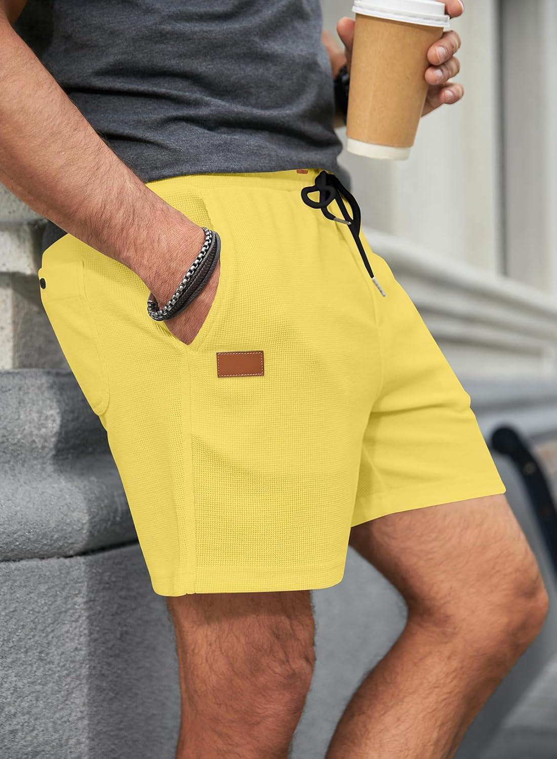 imageJMIERR Mens Casual 5quot 7quot Shorts Waffle Elastic Waist Drawstring Workout Running Jogging Beach Sweat Shorts with PocketsYellow