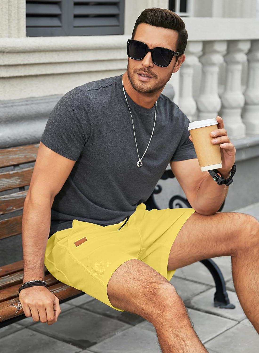 imageJMIERR Mens Casual 5quot 7quot Shorts Waffle Elastic Waist Drawstring Workout Running Jogging Beach Sweat Shorts with PocketsYellow