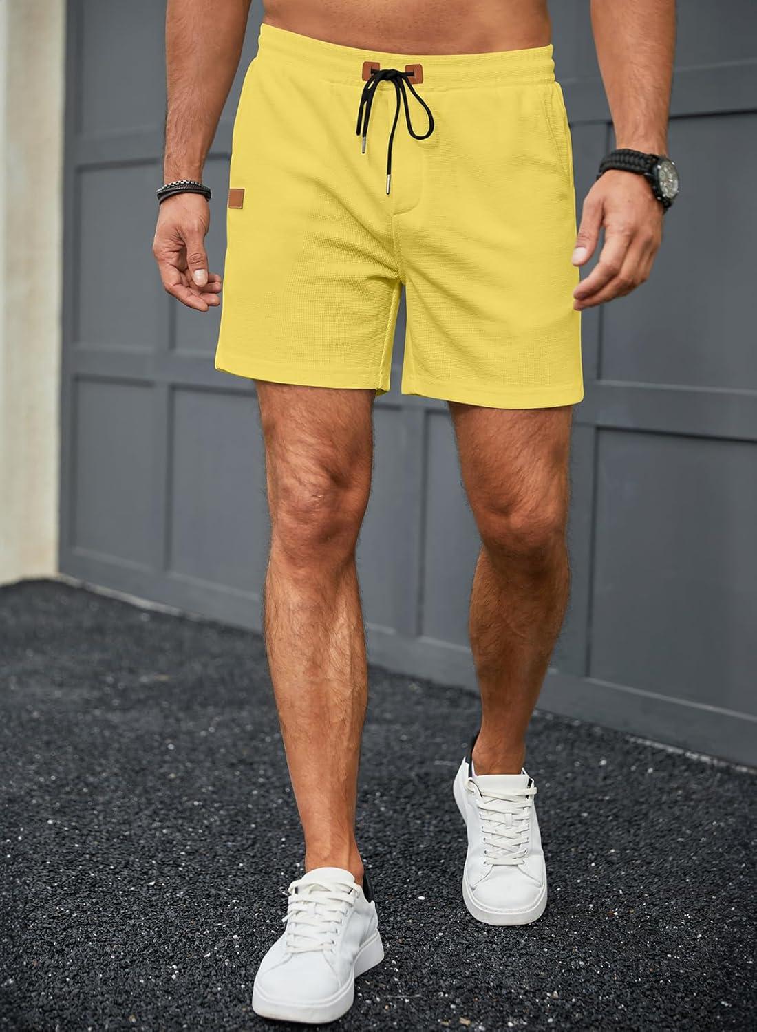 imageJMIERR Mens Casual 5quot 7quot Shorts Waffle Elastic Waist Drawstring Workout Running Jogging Beach Sweat Shorts with PocketsYellow