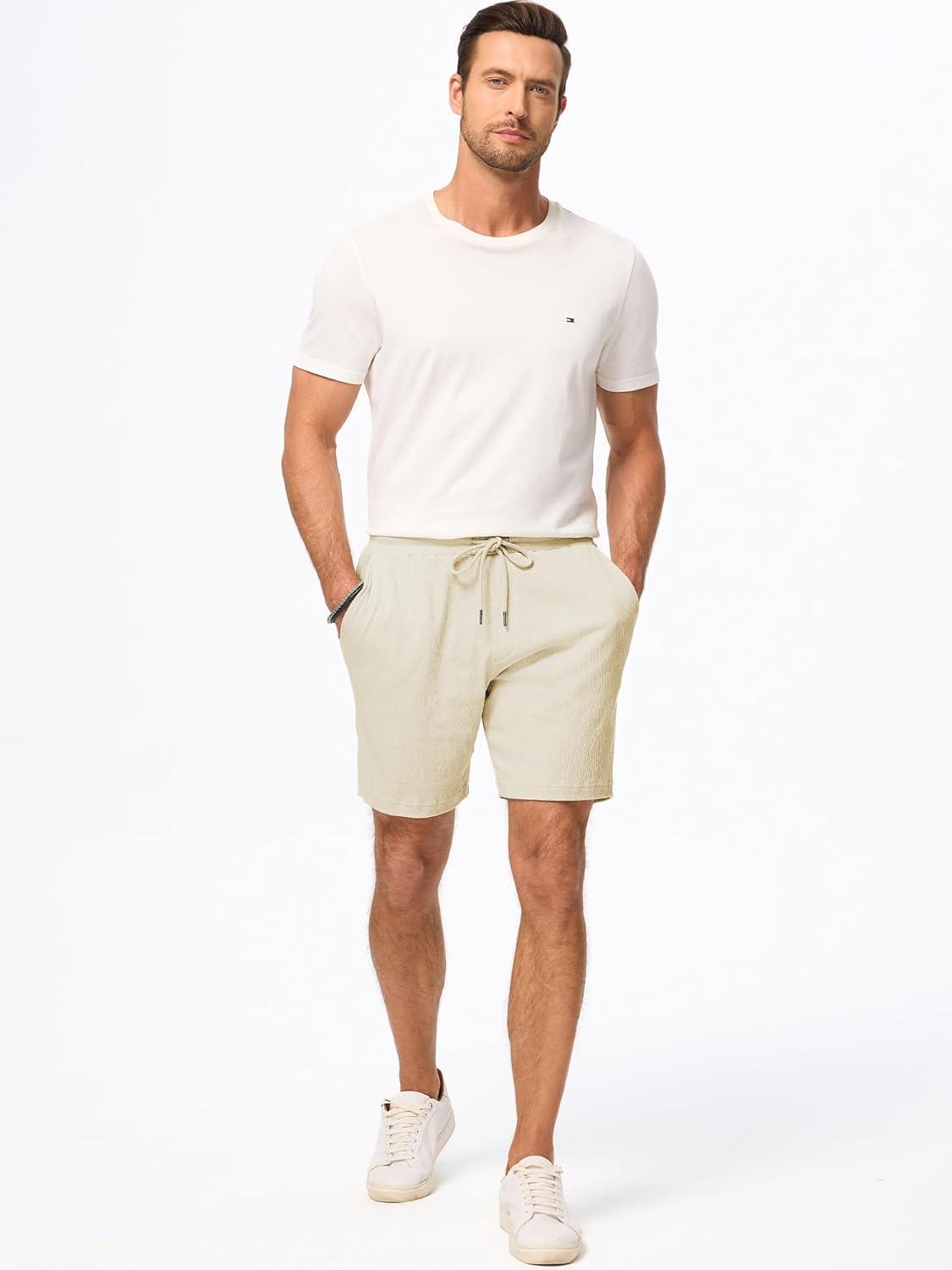 imageJMIERR Mens Casual 7quot Shorts Cotton Elastic Waist Drawstring Summer Texture Stretch Beach Shorts with PocketsApricot