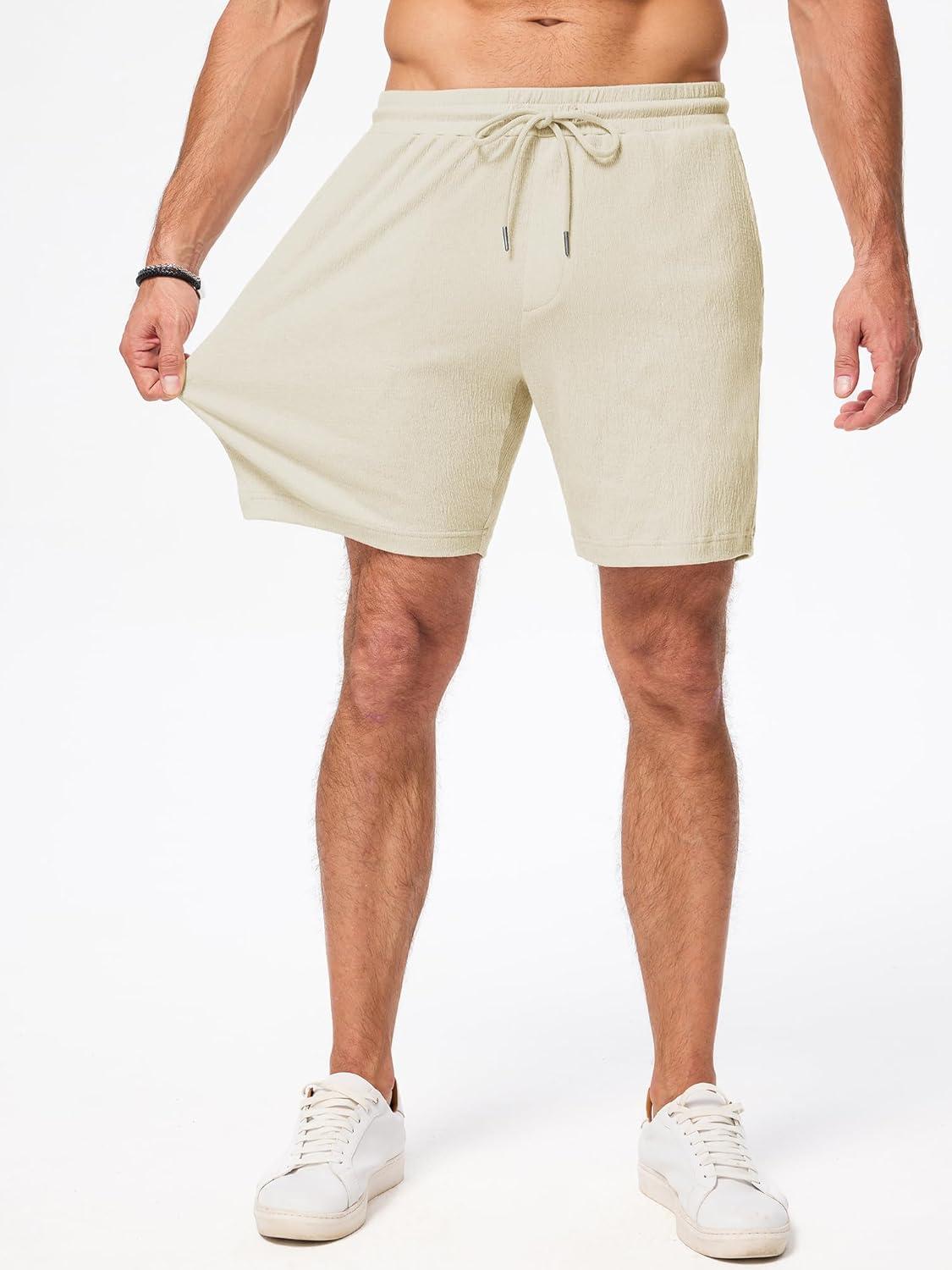 imageJMIERR Mens Casual 7quot Shorts Cotton Elastic Waist Drawstring Summer Texture Stretch Beach Shorts with PocketsApricot