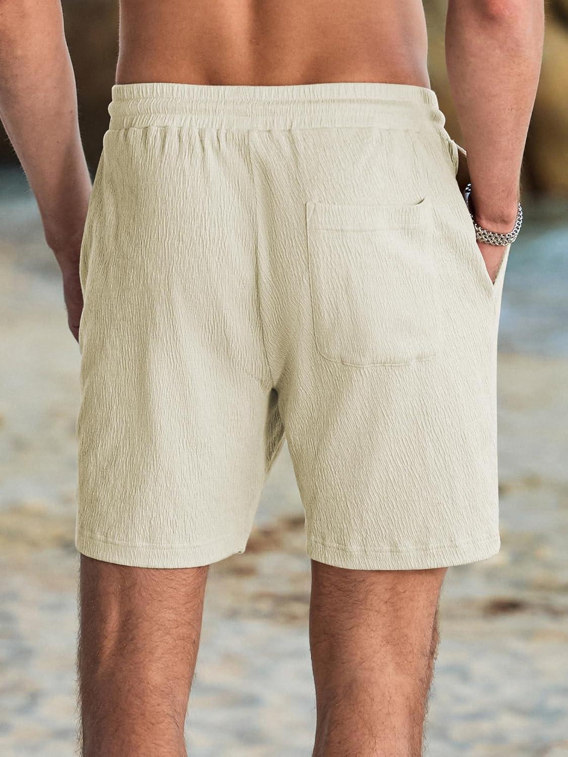 imageJMIERR Mens Casual 7quot Shorts Cotton Elastic Waist Drawstring Summer Texture Stretch Beach Shorts with PocketsApricot