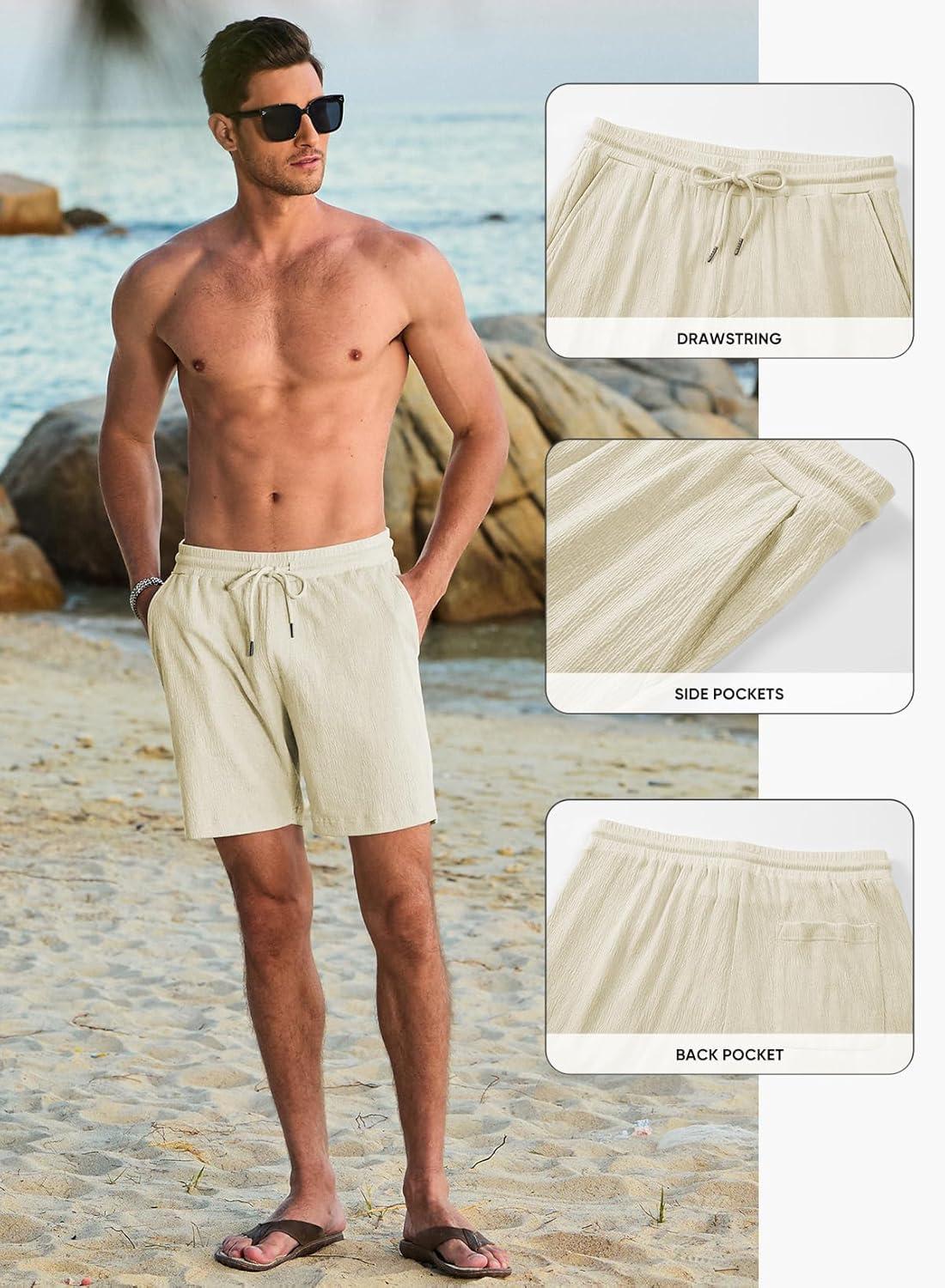 imageJMIERR Mens Casual 7quot Shorts Cotton Elastic Waist Drawstring Summer Texture Stretch Beach Shorts with PocketsApricot