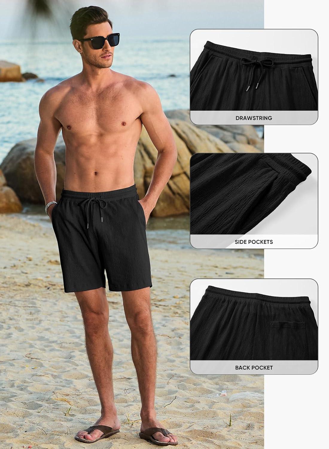imageJMIERR Mens Casual 7quot Shorts Cotton Elastic Waist Drawstring Summer Texture Stretch Beach Shorts with PocketsBlack