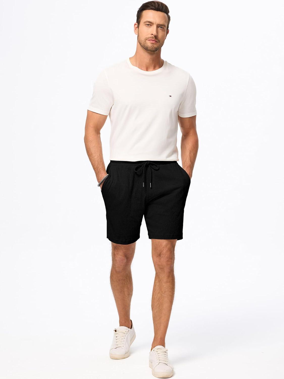imageJMIERR Mens Casual 7quot Shorts Cotton Elastic Waist Drawstring Summer Texture Stretch Beach Shorts with PocketsBlack