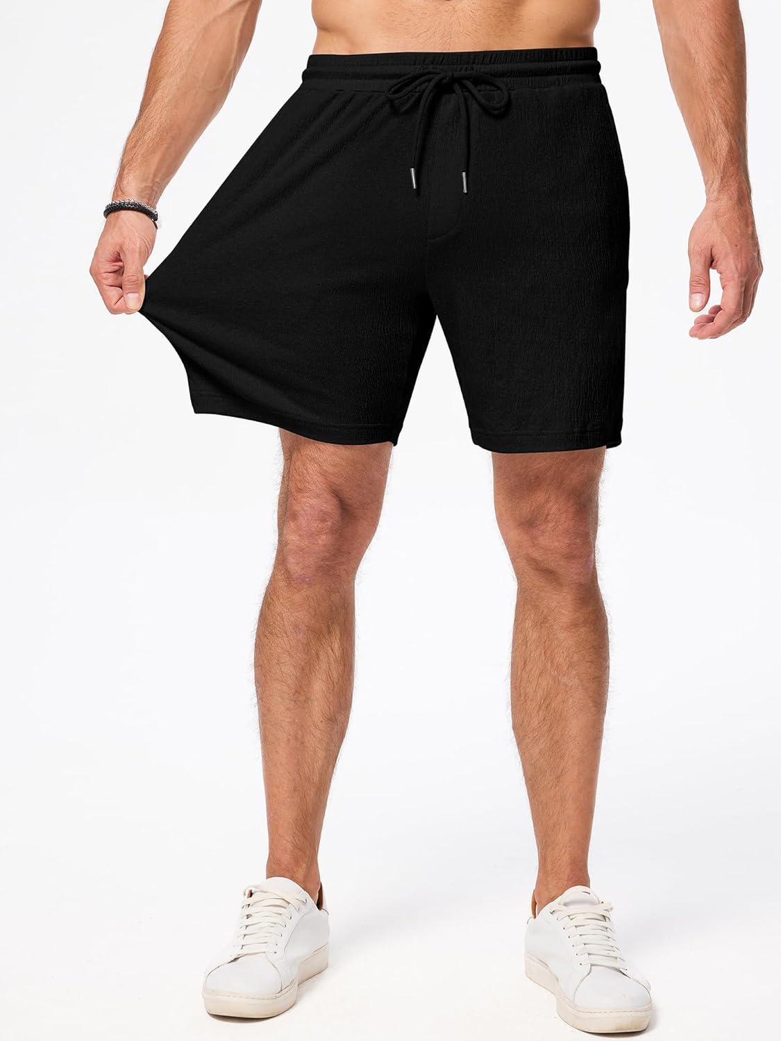 imageJMIERR Mens Casual 7quot Shorts Cotton Elastic Waist Drawstring Summer Texture Stretch Beach Shorts with PocketsBlack