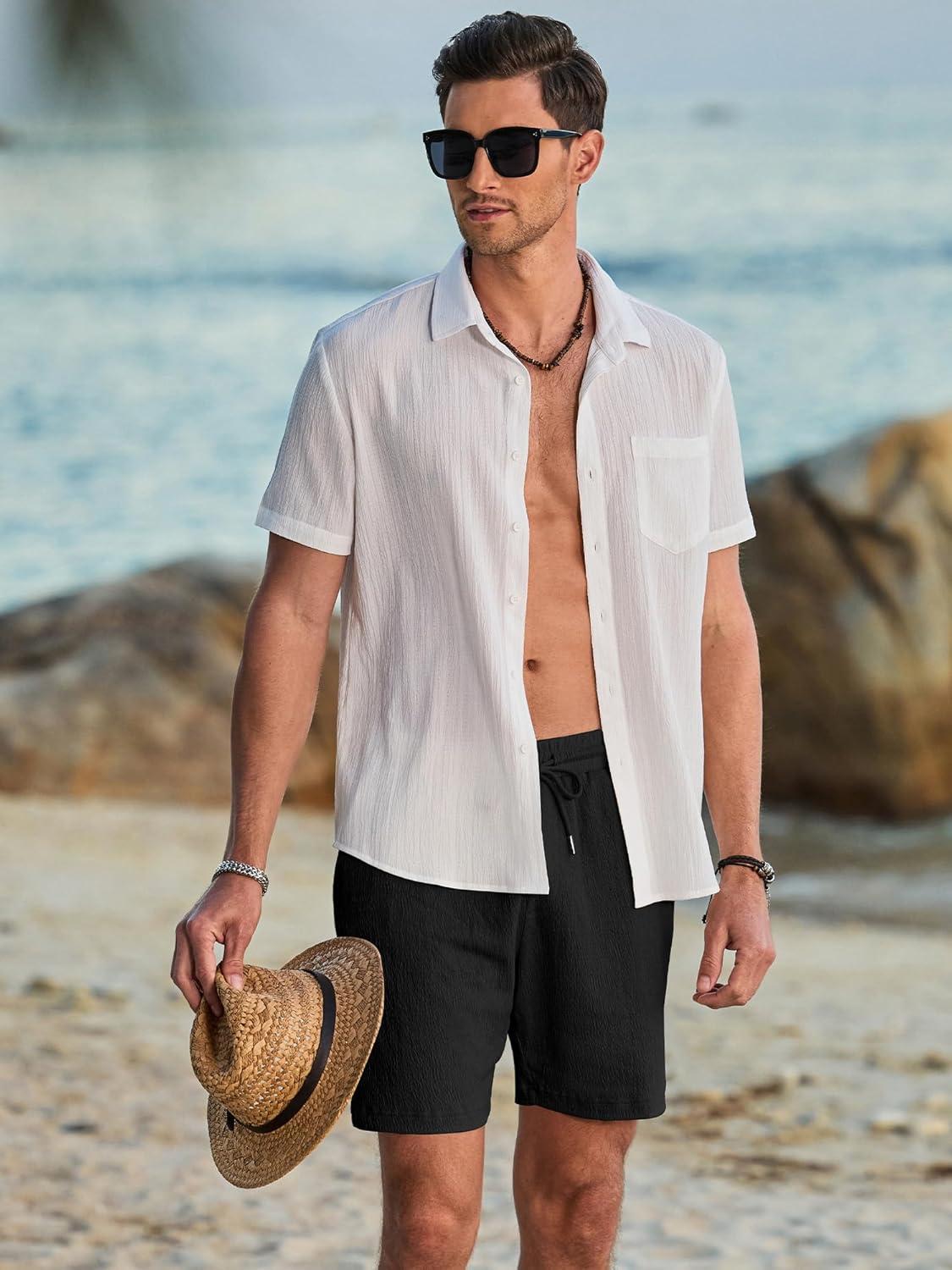 imageJMIERR Mens Casual 7quot Shorts Cotton Elastic Waist Drawstring Summer Texture Stretch Beach Shorts with PocketsBlack