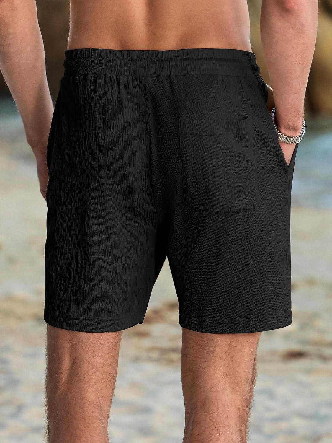 imageJMIERR Mens Casual 7quot Shorts Cotton Elastic Waist Drawstring Summer Texture Stretch Beach Shorts with PocketsBlack