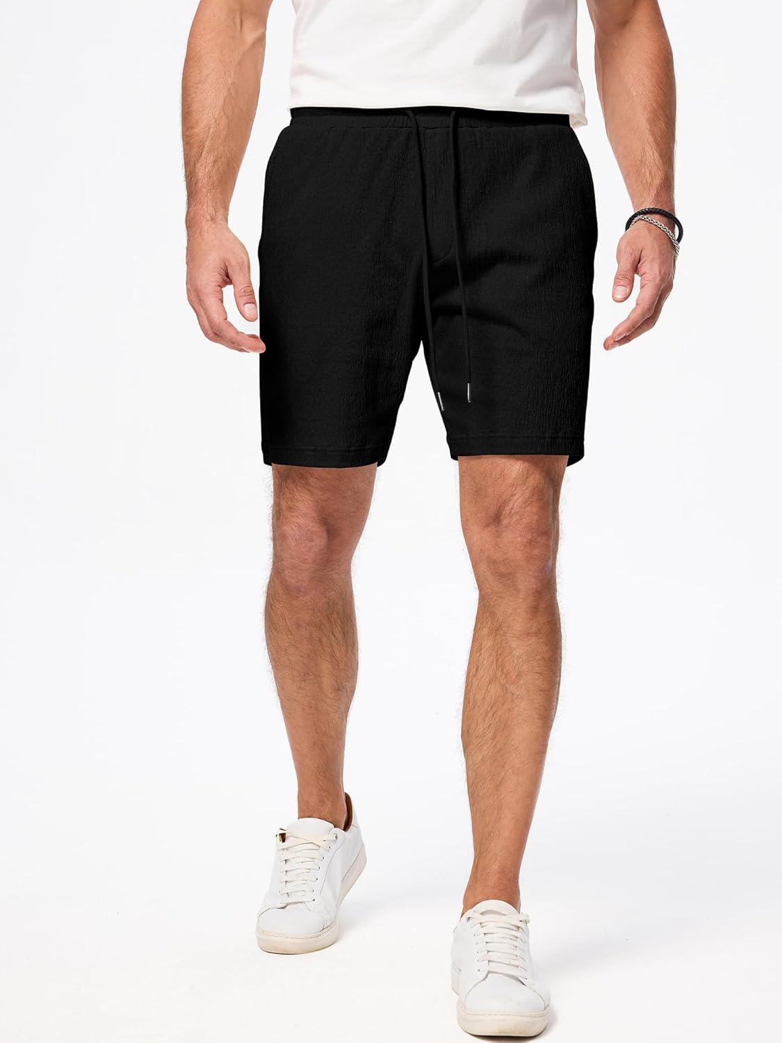 imageJMIERR Mens Casual 7quot Shorts Cotton Elastic Waist Drawstring Summer Texture Stretch Beach Shorts with PocketsBlack