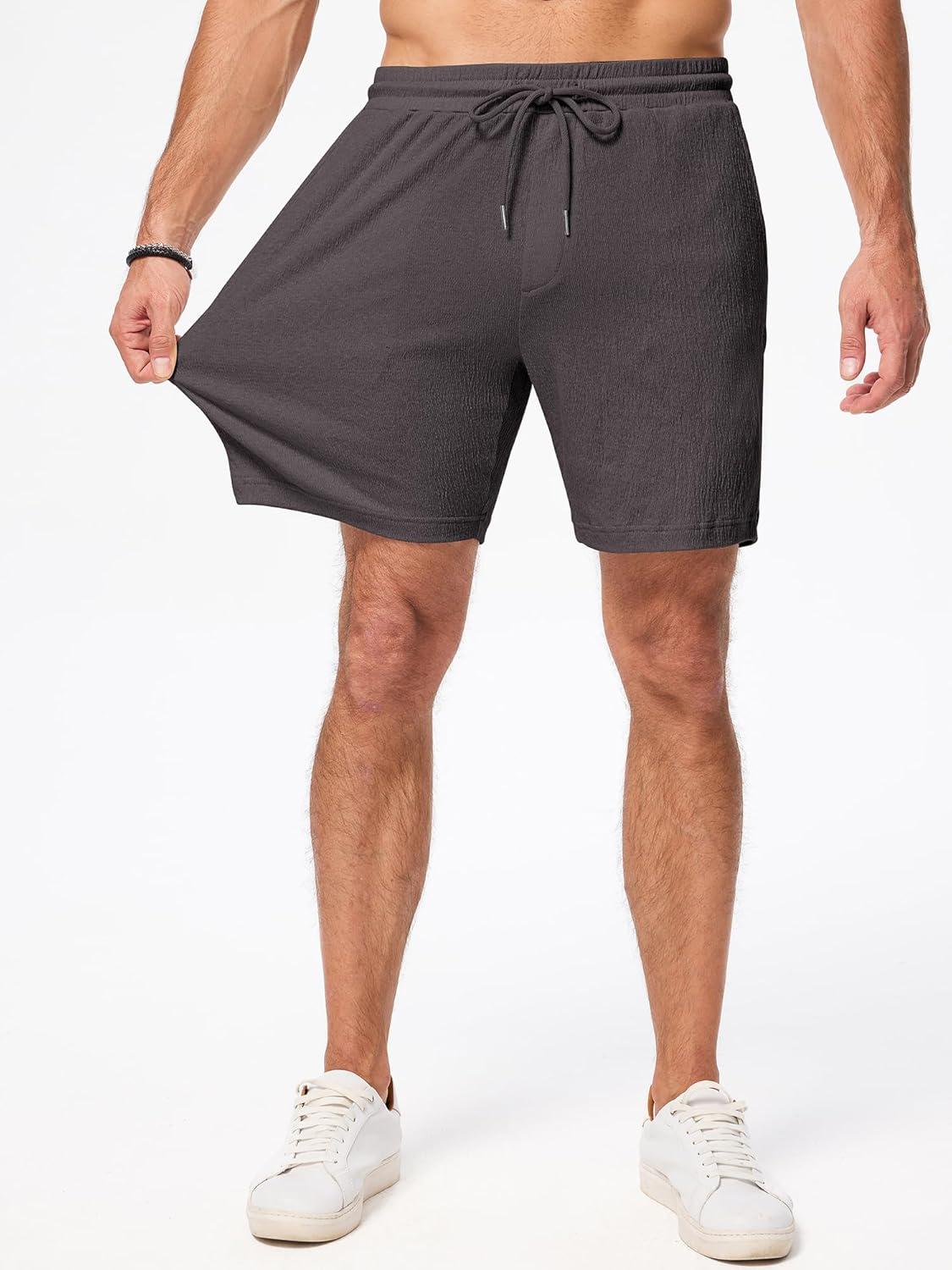 imageJMIERR Mens Casual 7quot Shorts Cotton Elastic Waist Drawstring Summer Texture Stretch Beach Shorts with PocketsBrown Grey