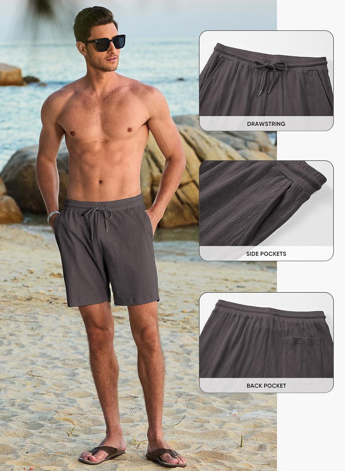 imageJMIERR Mens Casual 7quot Shorts Cotton Elastic Waist Drawstring Summer Texture Stretch Beach Shorts with PocketsBrown Grey
