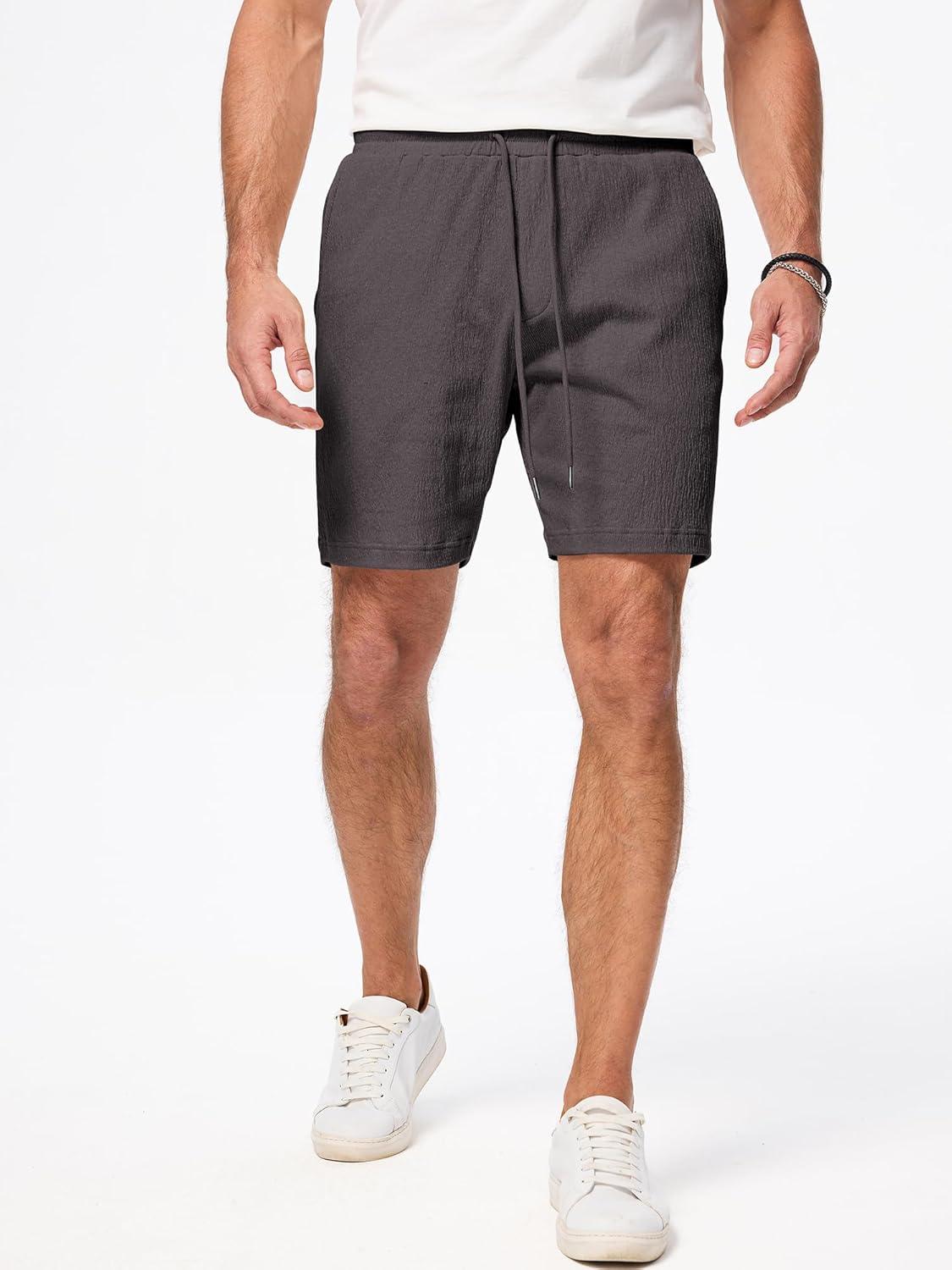 imageJMIERR Mens Casual 7quot Shorts Cotton Elastic Waist Drawstring Summer Texture Stretch Beach Shorts with PocketsBrown Grey