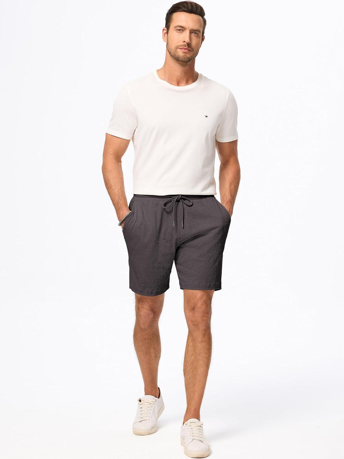 imageJMIERR Mens Casual 7quot Shorts Cotton Elastic Waist Drawstring Summer Texture Stretch Beach Shorts with PocketsBrown Grey